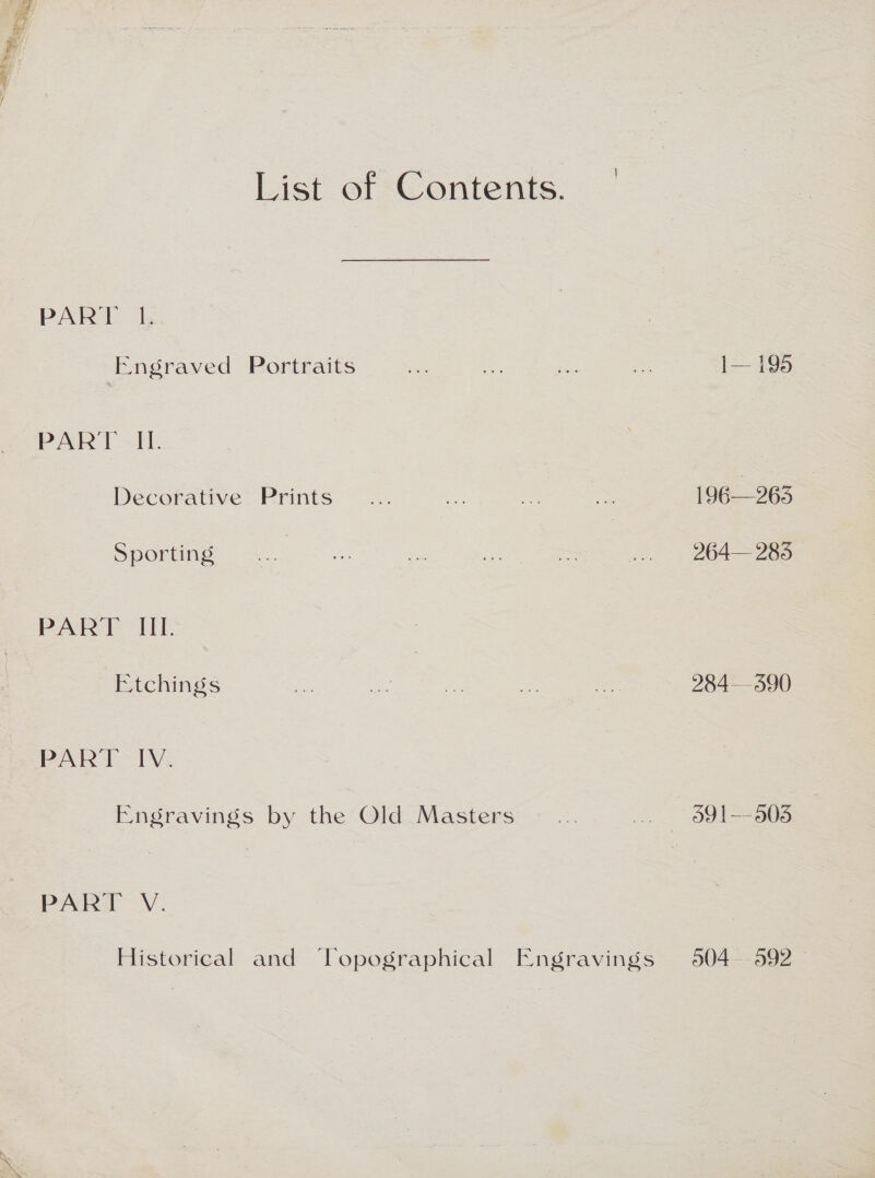 List of Contents. PART 1. Engraved Portraits PART IIL. Decorative Prints Sporting PAL. Etchings PART. IV. Engravings by the Old Masters PART V. Historical and ‘Topographical Engravings 196—263 264— 285 284590 591—-505 004-592