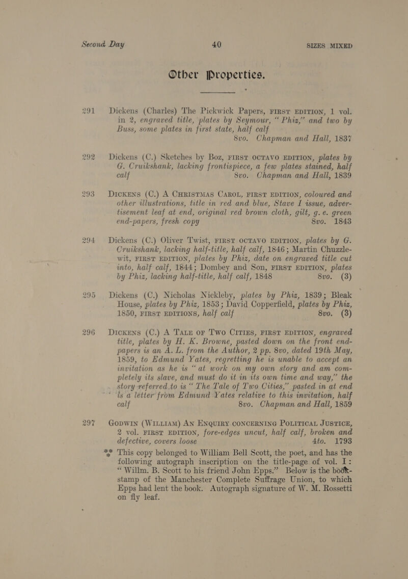 292 293 raw) le Or 296 297% Other Properties. Dickens (Charles) The Pickwick Papers, FIRST EDITION, 1 vol. in 2, engraved title, plates by Seymour, “ Phiz,’ and two by Buss, some plates in furst state, half calf | 8vo. Chapman and Hall, 1837 Dickens (C.) Sketches by Boz, FIRST OCTAVO EDITION, plates by G. Cruikshank, lacking frontispiece, a few plates stained, half calf Svo. Chapman and Hall, 1839 Dickens (C.) A CHRISTMAS CAROL, FIRST EDITION, coloured and other illustrations, title in red and blue, Stave I issue, adver- tisement leaf at end, original red brown cloth, gut, g.e. green end-papers, fresh copy 8vo. 1848 Dickens (C.) Oliver Twist, FIRST OCTAVO EDITION, plates by G. Cruikshank, lacking half-title, half calf, 1846; Martin Chuzzle- wit, FIRST EDITION, plates by Phiz, date on engraved title cut mto, half calf, 1844; Dombey and Son, FIRST EDITION, plates by Phiz, lacking half-title, half calf, 1848 8vo. (38) Dickens (C.) Nicholas Nickleby, plates by Phiz, 1839; Bleak House, plates by Phiz, 1853 ; David Copperfield, plates by Phiz, 1850, FIRST EDITIONS, half calf 8vo. (38) Dickens (C.) A TALE oF Two CITIES, FIRST EDITION, engraved title, plates by H. K. Browne, pasted down on the front end- papers is an A. L. from the Author, 2 pp. 8vo, dated 19th May, 1859, to Edmund Yates, regretting he is unable to accept an invitation as he ws “at work on my own story and am com- pletely its slave, and must do rt in its own time and way,” the story referred.to is “ The Tale of Two Cites,” pasted in at end calf 8v0o. Chapman and Hall, 1859 GODWIN (WILLIAM) AN ENQUIRY. CONCERNING POLITICAL JUSTICE, 2 vol. FIRST EDITION, fore-edges uncut, half calf, broken and defectwe, covers loose 4to. 1798 x ‘This copy belonged to William Bell Scott, the poet, and has the following autograph inscription on the title-page of vol. I: “ Willm. B. Scott to his friend John Epps.” Below is the bodk- stamp of the Manchester Complete Suffrage Union, to which Epps had lent the book. Autograph signature of W. M. Rossetti on fly leaf.
