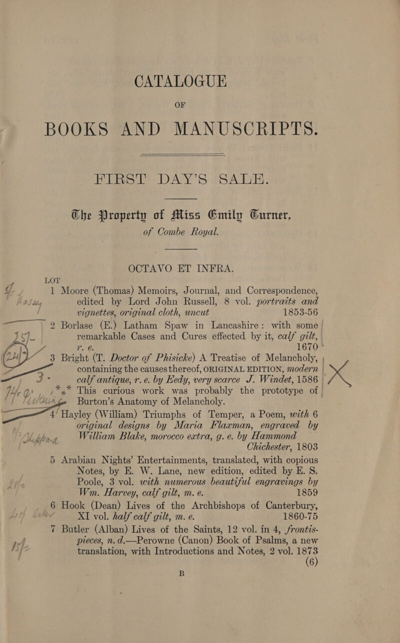 OF BOOKS AND MANUSCRIPTS.   Pie = DAY'S #SA17R, Che Property of Miss Emily Curner, of Combe Royal. OCTAVO ET INFRA. LOT ¢ ,, 1 Moore (Thomas) Memoirs, Journal, and Correspondence, basiy edited by Lord John Russell, 8 vol. portraits and } vignettes, original cloth, uncut 1853-56 ~~ 2 Borlase (E.) Latham Spaw in Lancashire: with some | fk remarkable Cases and Cures effected by it, calf gilt,     r. @. 1670 ° 3 Bright (T. Doctor of Phisicke) A Treatise of Melancholy, , x 5 A containing the causes thereof, ORIGINAL EDITION, modern | ji ae calf antique, r.e. by Kedy, very scarce J. Windet, 1586 The Q' , ,*y* This curious work was probably the prototype of fb Mabe Burton’s Anatomy of Melancholy. 4! Hayley (William) Triumphs of T emper, a Poem, with 6 original designs by Maria Flaaman, engraved by Lh bpoa William Blake, morocco extra, g.e. by Hammond ‘WEE ag ae , Chichester, 1803 5 Arabian Nights’ Entertainments, translated, with copious Notes, by E. W. Lane, new edition, edited by E. 8. Poole, 3 vol. with numerous beautiful engravings by  Wm. Harvey, calf gilt, m. e. 1859 6 Hook (Dean) Lives of the Archbishops of Canterbury, . XI vol. half calf gilt, m. e. 1860-75 7 Butler (Alban) Lives of the Saints, 12 vol. in 4, frontis- pe] pieces, n. d.—Perowne (Canon) Book of Psalms, a new ad i translation, with Introductions and Notes, 2 vol. me 5 6 B