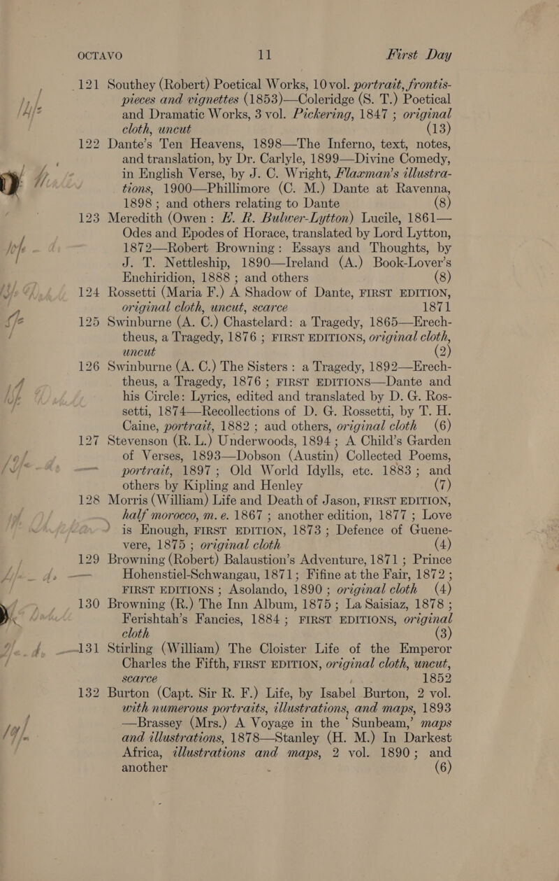 130 131 First Day Southey (Robert) Poetical Works, 10 vol. portrait, frontis- pieces and vignettes (1853)—Coleridge (S. T.) Poetical and Dramatic Works, 3 vol. Pickering, 1847 ; original cloth, uncut (13) and translation, by Dr. Carlyle, 1899—Divine Comedy, in English Verse, by J. C. Wright, Mlaxman’s wllustra- tions, 1900—Phillimore (C. M.) Dante at Ravenna, 1898 ; and others relating to Dante (8) Meredith (Owen: EH. R. Bulwer-Lytton) Lucile, 1861— Odes and Epodes of Horace, translated by Lord Lytton, 1872—Robert Browning: Essays and Thoughts, by J. T. Nettleship, 1890—Ireland (A.) Book-Lover’s Enchiridion, 1888 ; and others (8) original cloth, uncut, scarce 1871 Swinburne (A. C.) Chastelard: a Tragedy, 1865—Erech- theus, a Tragedy, 1876 ; FIRST EDITIONS, original woe uncut Swinburne (A. C.) The Sisters : a Tragedy, 189 hes theus, a Tragedy, 1876 ; FIRST EDITIONS—Dante and his Circle: Lyrics, edited and translated by D. G. Ros- setti, 1874—-Recollections of D. G. Rossetti, by T. H. Caine, portrait, 1882; aud others, original cloth (6) Stevenson (R. L.) Underwoods, 1894; A Child’s Garden of Verses, 1893—Dobson (Austin) Collected Poems, portrait, 1897; Old World Idylls, ete. 1883; and others. by Kipling and Henley (7) half morocco, m. e. 1867 ; another edition, 1877 ; Love is Enough, FIRST EDITION, 1873 ; Defence of Guene- vere, 1875 ; original cloth (4) Browning (Robert) Balaustion’s Adventure, 1871; Prince Hohenstiel-Schwangau, 1871; Fifine at the Fair, 1872 ; FIRST EDITIONS ; Asolando, 1890; original cloth (4) Browning (R.) The Inn Album, 1875; La Saisiaz, 1878 ; Ferishtah’s Fancies, 1884; FIRST EDITIONS, original cloth (3) Stirling (William) The Cloister Life of the Emperor Charles the Fifth, FIRST EDITION, original cloth, uncut, scarce 1852 with numerous portraits, illustrations, and maps, 1893 —Brassey (Mrs.) A Voyage in the ‘ Sunbeath,’ maps and illustrations, 1878—Stanley (H. M.) In Darkest Africa, ¢llustrations and maps, 2 vol. 1890; and another (6)