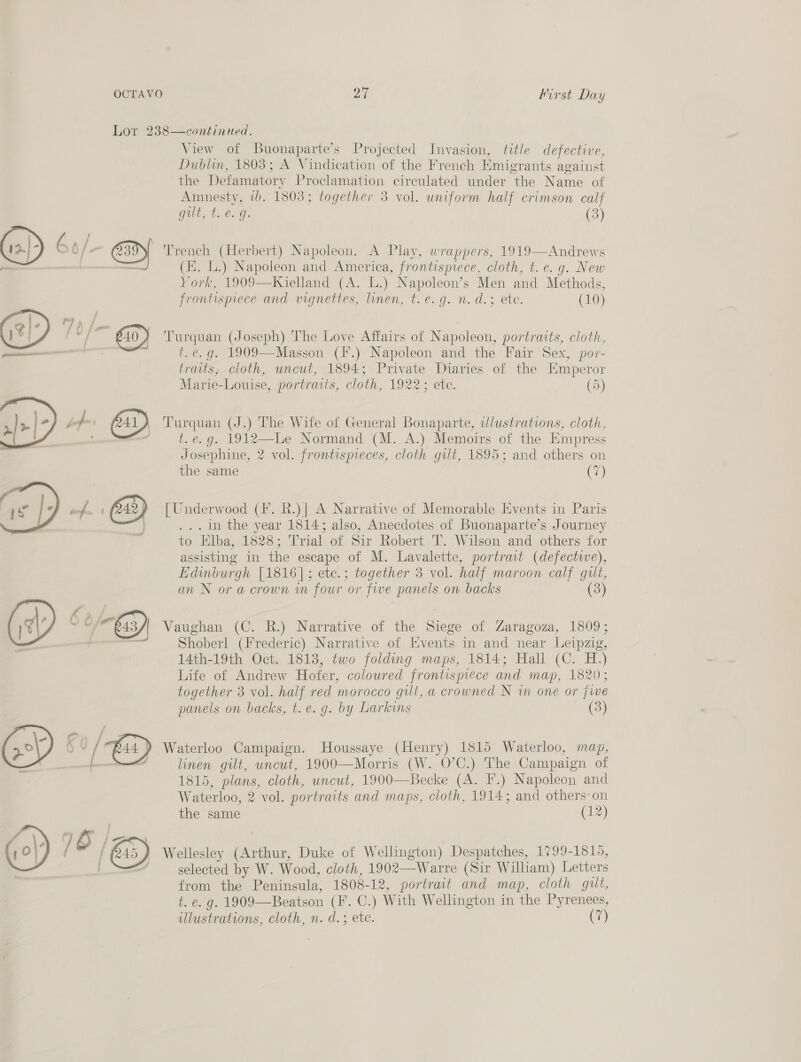   OCTAVO 27 First Day Lor 238—continued. View of Buonaparte’s Projected Invasion, title defective, Dublin, 1803; A Vindication of the French Emigrants against the Defamatory Proclamation circulated under ee Name of Amnesty, 1b. 1803: together 3 vol. uniform half crimson calf Gut 4. 6..G. (3) Trench (Herbert) Napoleon. A Play, wrappers, 1919—-Andrews = (EH. L.) Napoleon and America, frontispiece, cloth, t. e. g. New York, 1909—Kielland (A. L.) Napoleon’s Men and Methods, frontispiece and vignettes, linen, t. e.g. n. d.; ete. (10) -@ Turquan (Joseph) The Love Affairs of N apoleon, portraits, cloth, t.e.g. 1909—Masson (I*.) Napoleon and the Fair Sex, por- traits, cloth, uncut, 1894; Private Diaries of the Emperor Marie-Louise, portraits, cloth, 1922 exe. (5) t. e.g. 1912—Le Normand (M. A.) Memoirs of the Empress Josephine, 2 vol. frontispieces, cloth gilt, 1895; and others on the same (7) ...1in the year 1814; also, Anecdotes of Buonaparte’s Journey to Elba, 1828; Trial of Sir Robert T. Wilson and others for assisting in the escape of M. Lavalette, portrait (defective), Edinburgh [1816]; ete.; together 3 vol. half maroon calf gilt, an N or a crown wn four ‘or five panels on backs (3) Shoberl (Frederic) Narrative of Events in and near Leipzig, 14th-19th Oct. 1813, two folding maps, 1814; Hall (C. H.) Life of Andrew Hofer, coloured frontispiece and map, 1820 together 3 vol. half red morocco gut, a crowned N i one or five panels on backs, t.e. g. by Larkins (3) 1815, plans, cloth, uncut, 1900—Becke (A. F.) Napoleon and Waterloo, 2 vol. portr ats and maps, cloth, 1914; and others: on the same (12) selected by W. Wood, cloth, 1902—Warre (Sir William) Letters from the Peninsula, 1808-12, portrait and map, cloth gilt, t. OG 1909—Beatson (F. C.) With Wellington in the Pyrenees, illustrations, cloth, n. d.; ete. (7)