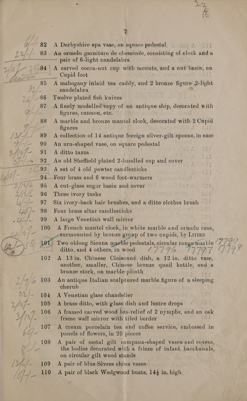  82 83 99 100 109 110 any A Derbyshire spa vase, on square pedestal. _ ! An ormolu garniture de cheminée, ge a of clock and a _ Cupid foot candelabra Twelve plated fish knives A finely modelled copy of an. aaa die ship, decorated with figures, cannon, etc. A marble and bronze mantel clock, decorated sith 2 2 Cupid figures : A collection of 14 antique foreign ites gilt spoons, in case An urn-shaped vase, on square pedestal A ditto tazza A set of 4 old pewter candlesticks A cut-glass sugar basin and cover © Three ivory tusks | Six ivory-back hair brushes, and a ditto clothes brush © *: Four brass altar candlesticks | A large Venetian wall mirror A French mantel clock, in white marble and or saat case, surmounted by bronze group of two cupids, by LIviEN . ditto, and 4 others, in wood A 719 ay A 13in. Chinese Cloisonné dish, a 12 in. altho vase, another, smaller, Chinese bronze quail kettle, anda bronze stork, on marble plinth eee EAE e An antique Italian sculptured marble figure of a a sleeping cherub A Venetian glass chansdalige’ ; A brass ditto, with glass dish and histre aes A framed carved wood bas-relief of 2 nymphs, and an Rye frame wall mirroy with tiled border | A cream porcelain: tea and coffee. service, embossed in panels of flowers, in 20 pieces A pair of metal gilt campana-shaped vases and covers, the bodies decorated with a frieze of infant bacchanals, on circular gilt wood stands A pair of blue Sévres china vases _ Pas A pair of black Wedgwood busts, 144 in. high