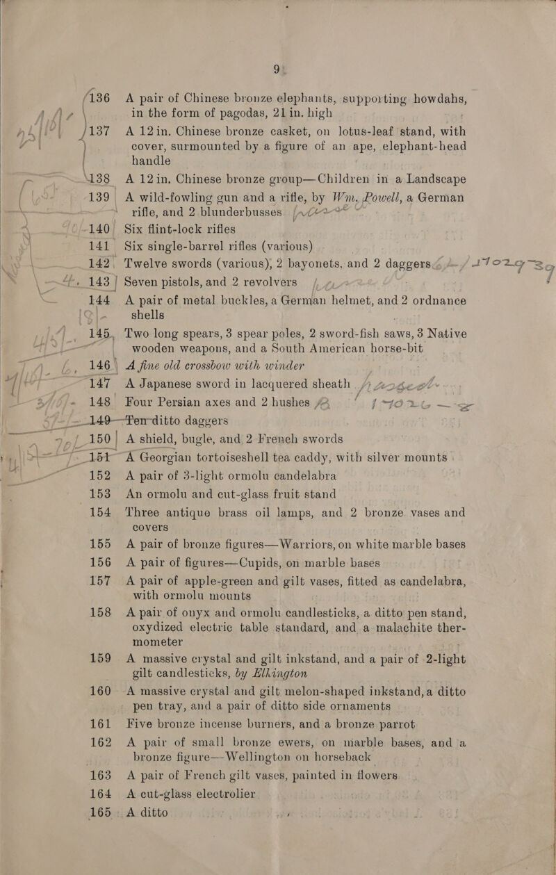  a) /137 A 12in. Chinese bronze casket, on lotus-leaf’ stand, re cover, surmounted by a figure of an BP e; elephant-head | handle | 138 A 12in, Chinese bronze group—Children in a Landscape 139 A wild-fowling gun and a Ee by Wh, Powell, a German rifle, and 2.blunderbusses /~7“ 140 Six flint-lock rifles 141 Six single-barrel rifles (various) 143 | Seven pistols, and 2 revolvers 144, A pair of metal buckles, a German halon and 2 eydinaed shells 145, Two long spears, 3 spear poles, 2 sword-fish saws, 3 Native | wooden weapons, and a South American horse- bit 146 A fine old crossbow with winder AT GN Japanese sword in lacquered sheath “7 224. 148 Four Persian axes and 2 hushes “~ id “43 5 ae tent ditto daggers bt A Georgian tortoiseshell tea caddy, with silver mounts | 152 A pair of 3-light ormolu candelabra 153 An ormolu and cut-glass fruit stand 154 Three antique brass oil lamps, and 2 bronze vases and covers 155 A pair of bronze figures— Warriors, on Aes marble bases 156 A pair of figures—Cupids, on marble bases 157 A pair of apple-green and aes vases, fitted as candelabra, with ormolu mounts 158 A pair of onyx and ormolu rae ial a dither pen stand, oxydized electric table standard, and a malachite ther- mometer 159 A massive crystal and gilt inkstand, and a pair of 2- light gilt candlesticks, by Hlhington 160 -A massive crystal and gilt melon-shaped inkstand, : a ditto - pen tray, and a pair of ditto side ornaments | 161 Five bronze incense burners, and a bronze parrot 162 A pair of small bronze ewers, on marble bases, and a bronze figure— Wellington on horseback T63 A pair of French gilt vases, mayo Led in flowers 164 A cut-glass electrolier. 165: A ditto va ay