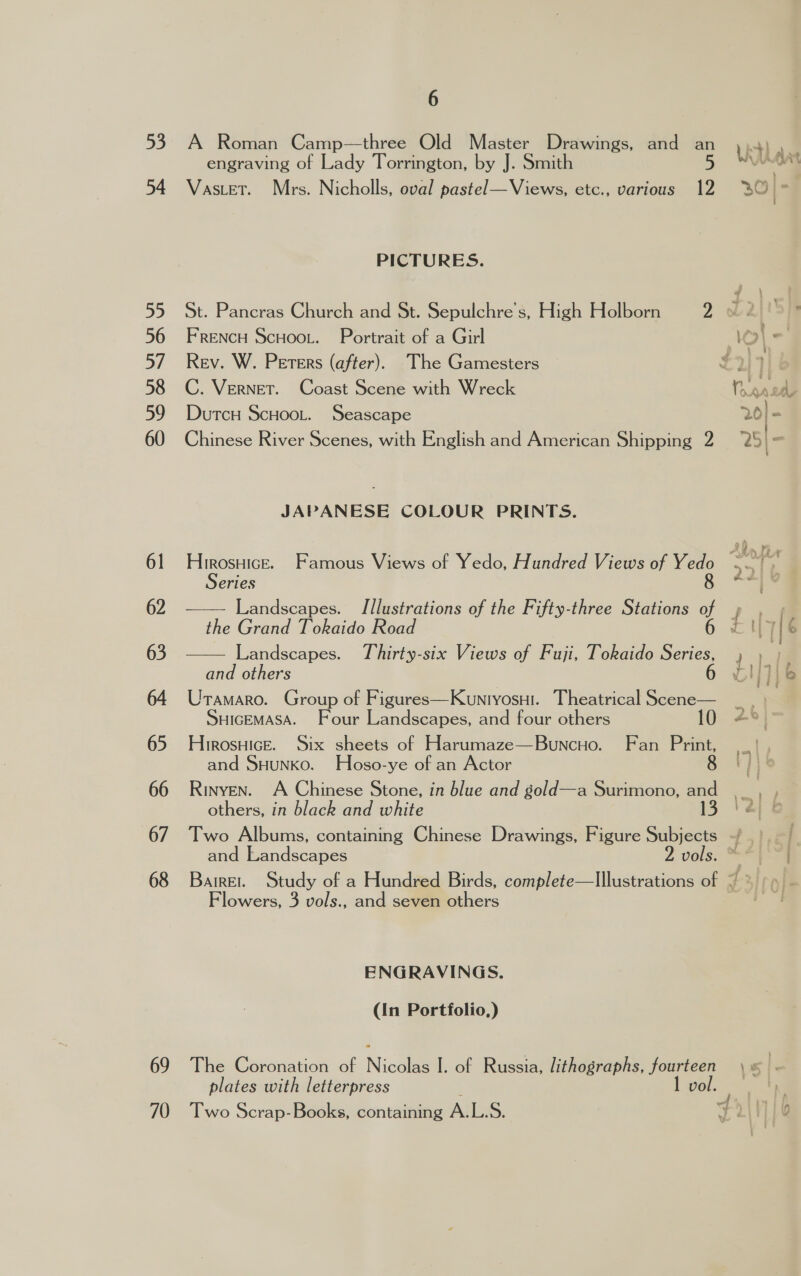 53 54 55 56 oY 58 59 60 61 62 63 64 65 66 67 68 69 70 6 A Roman Camp—three Old Master Drawings, and an engraving of Lady Torrington, by J. Smith 3) Vastet. Mrs. Nicholls, oval pastel—Views, etc., various 12 PICTURES. FRENCH SCHOOL. Portrait of a Girl Rev. W. Peters (after). The Gamesters C. Vernet. Coast Scene with Wreck Dutcu ScHoot. Seascape Chinese River Scenes, with English and American Shipping 2 JAPANESE COLOUR PRINTS. HirosuicE. Famous Views of Yedo, Hundred Views of nes Series Landscapes. Illustrations of the Fifty-three Stations of the Grand Tokaido Road Landscapes. Thirty-six Views of Fuji, Tokaido _ and others Uramaro. Group of Figures—Kuntyosui. Theatrical Scene— SHIGEMASA. Four Landscapes, and four others HirosuiceE. Six sheets of Harumaze—Buncuo. Fan Print, and SHUNKO. Hoso-ye of an Actor Rinyen. A Chinese Stone, in blue and gold—a Surimono, and others, in black and white 13 Two Albums, containing Chinese Drawings, Figure Subjects   Flowers, 3 vols., and seven others ENGRAVINGS. (In Portfolio.) The Coronation of Nicolas J. of Russia, lithographs, fourteen plates with letterpress vol. Two Scrap- Books, containing A. LS.  &gt;