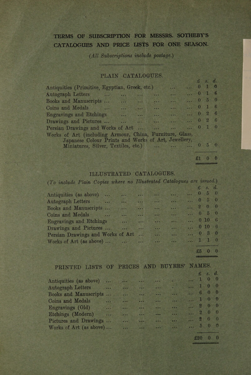  ‘TERMS OF ‘SUBSCRIPTION FOR MESSRS. - SOTHEBY'S : _ CATALOGUES AND PRICE LISTS ‘FOR ONE SEASON. (All Subseriptions include pains)  PLAIN” CATALO GUES. ie ee Auiquee (Primitive Baptian, Greek, te) asl Ree Autograph Letters . es Oued Books and Manuscripts .. L035 Coins and Medals : Set Engravings and Etchings es ee Drawings and Pictures... —.. Cae a oe =O © Persian Drawings and Works of Act 2 et ee Works of Art (including Armour, China, oui Gas ee Japanese Colour Prints and Works of Art, J bee Gee oe Miniatures, Saas Textiles, — os , ee Oo ee $1 0 0 “ILLUSTRATED CATALOGUES.  o So A So es en ees (as above)... Oi 5 Autograph Letters Avot Books and Manuscripts ... Ba ie Coins and Medals (Qe 5270-4 Engravings and Etchings : u besa Oe Drawings and Pictures 2g. 2 ee 0 10 283 Persian Drawings and Works of ae ae | pe ieee Works of Art (as above) .. ge a 8 00 rer _ PRINTED LISTS. OF ‘PRICES AND BUYERS’ NAMES Antiquities (as ee (th Autograph Letters. Books and Manuscripts .. Coins and Medals Engravings (Old) Bitchings (Modern) — Pictures and Drawings ... Works of Art (as above) ... 1 ww w ee a o° oy Vm bia Ae oath mee aooocooo oF 2 a » Lo B00. &amp; &amp;