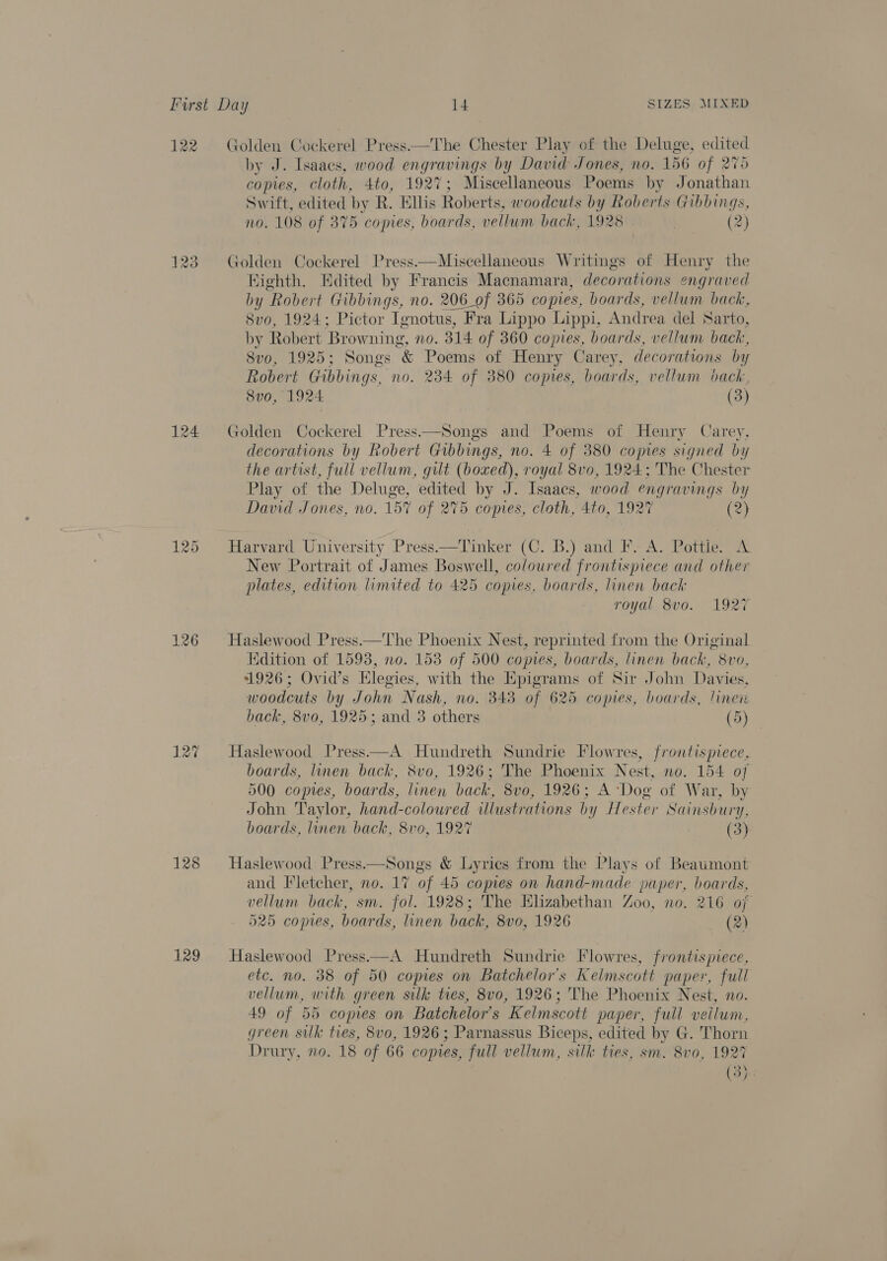 122 123 124 126 128 129 Golden Cockerel Press.—The Chester Play of the Deluge, Pa by J. Isaacs, wood engravings by David Jones, no. 156 of 2 copies, cloth, 4to, 1927; Miscellaneous Poems by J Pathan Swift, edited by R. Ellis Roberts, woodcuts by Roberts Gibbings, no. 108 of 375 copies, boards, vellum back, 1928 | (2) Golden Cockerel Press—Miscellaneous Writings of Henry the Eighth. Edited by Francis Macnamara, decorations engraved by ‘Robert Gibbings, no. 206_of 365 copies, boards, vellum back, 8vo, 1924; Pictor Ignotus, Fra Lippo Lippi, Andrea del Sarto, by Robert ‘Browning, no. 314 of 360 copies, boards, vellum back, 8vo, 1925; Songs &amp; Poems of Henry Carey, decorations by Robert Gibbings, no. 234 of 380 copies, boards, vellum back, 8v0, 1924 (3) Golden Cockerel Press——Songs and Poems of Henry Carey, decorations by Robert Gibbings, no. 4 of 380 copies signed by the artist, full vellum, gut (boxed), royal 8vo, 1924; The Chester Play of the Deluge, edited by J. Isaacs, wood engravings by Dawid Jones, no. iby of 25 copies, cloth, 4to, 1927 (2) Harvard University Press—Tinker (C. B.) and F.- A. Pottle. A New Portrait of James Boswell, coloured frontispiece and other plates, edition limited to 425 copies, boards, linen back royal 8vo. 1927 Haslewood Press.—The Phoenix Nest, reprinted from the Original dition of 1593, no. 153 of 500 copies, boards, linen back, 8vo, 1926; Ovid’s Elegies, with the Epigrams of Sir John Davies, woodcuts by John Nash, no. 343 of 625 copies, boards, linen back, 8vo, 1925; and 3 others (5) Haslewood Press—A Hundreth Sundrie Flowres, frontispiece, boards, linen back, 8vo, 1926; The Phoenix Nest, no. 154 of 500 copies, boards, linen back, 8v0, 1926; A ‘Dog of War, by John Taylor, hand-coloured illustrations by Hester Sainsbury, boards, linen back, 8vo, 1927 (3) Haslewood Press.—Songs &amp; Lyrics from the Plays of Beaumont and Fletcher, no. 17 of 45 comes on hand-made paper, boards, vellum back, sm. fol. 1928; The Elizabethan Zoo, no. 216 of 525 copies, boards, linen back, 8vo0, 1926 (2) Haslewood Press——A Hundreth Sundrie Flowres, frontispiece, etc. no. 38 of 50 copies on Batchelor’s Kelmscott paper, full vellum, with green silk tives, 8v0, 1926; The Phoenix Nest, no. 49 of 55 copies on Batchelor’s Kelmscott paper, full veilum, green sulk ties, 8vo, 1926; Parnassus Biceps, edited by G. Thorn Drury, no. 18 of 66 copies, full vellum, silk ties, sm. 8v0, 1927 (3)