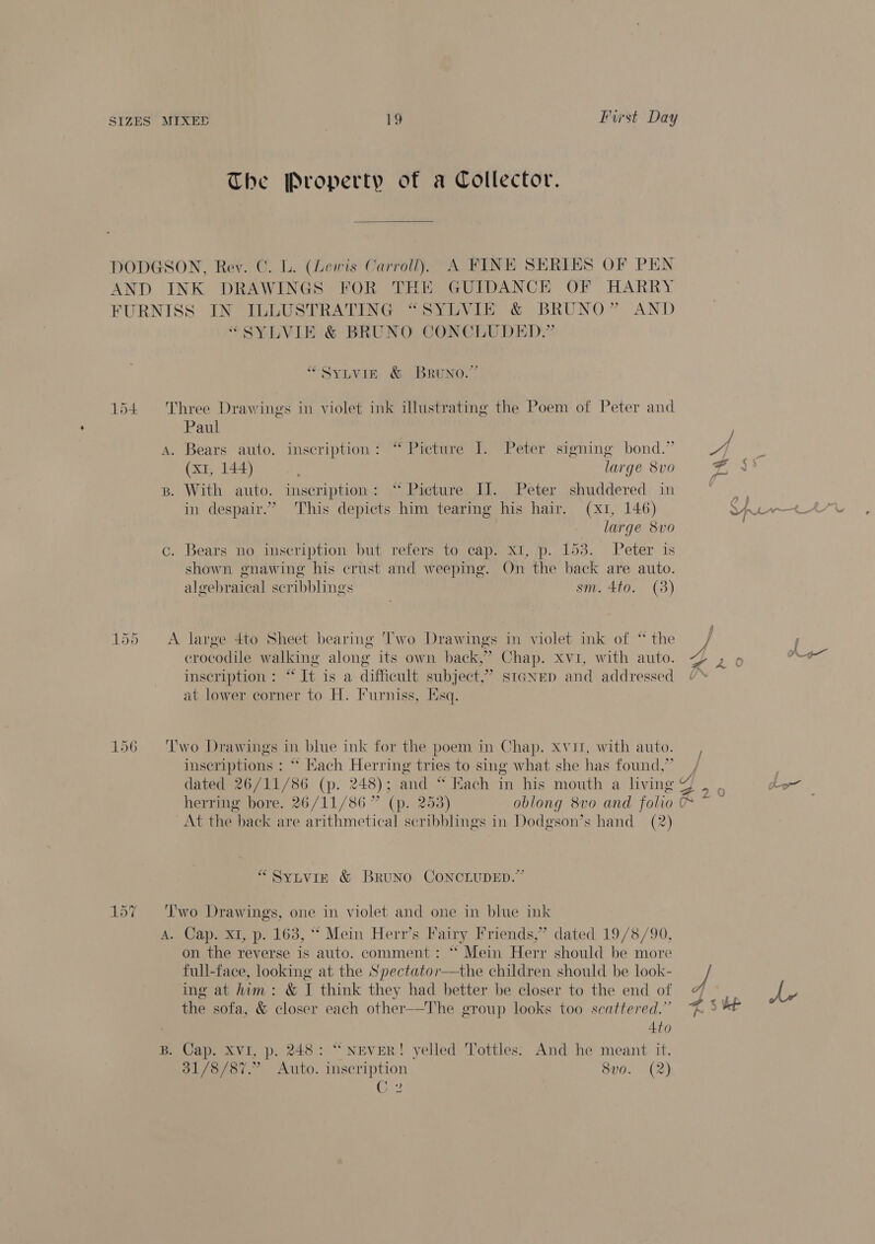 The Property of a Collector. DODGSON, Rev. C. L. (Lewis Carroll). A FINE SERIES OF PEN AND INK DRAWINGS FOR THE GUIDANCE OF HARRY FURNISS IN ILLUSTRATING “SYLVIE &amp; BRUNO” AND “SYLVIE &amp; BRUNO CONCLUDED.” “SyLvigE &amp; BRUNO.” 154 Three Drawings in violet ink illustrating the Poem of Peter and Paul A. Bears auto. inscription: “Picture I. -Peter signing bond.” (x1, 144) large 8vo B. With auto. inscription: “Picture. Il. Peter shuddered im in despair.” This depicts him tearing his hair. (x1, 146) large 8vo c. Bears no inscription but refers to cap. x1, p. 153. Peter is shown gnawing his crust and weeping. On the back are auto. algebraical scribblings sm. 4to. (3) 155 ~A large 4to Sheet bearing Two Drawings in violet ink of “ the crocodile walking along its own back,” Chap. xvi, with auto. inscription : “ It is a difficult subject,’ stanep and addressed at lower corner to H. Furniss, Esq. 156 ='Two Drawings in blue ink for the poem in Chap. xvit, with auto. inscriptions : * Kach Herring tries to sing what she has found,” dated 26/11/86 (p. 248); and “ Each in his mouth a living herring bore. 26/11/86” (p. 253) oblong 8vo and folio At the back are arithmetical scribblings in Dodgson’s hand (2) “ Sytvig &amp; BRUNO CONCLUDED.” 157 = ‘T'wo Drawings, one in violet and one in blue ink A. Cap. XI, p. 163, “* Mein Herr’s Fairy Friends,” dated 19/8/90, on the reverse is auto. comment: “ Mein Herr should be more full-face, looking at the Spectator—the children should be look- ing at him: &amp; I think they had better be closer to the end of the sofa, &amp; closer each other—The group looks too scattered.” Ato B. Cap. XVI, p. 248: “NEVER! yelled Tottles; And he meant it. 31/8/87.” Auto. nseription 8vo0. (2) ORES PANS hm ‘ Pat As