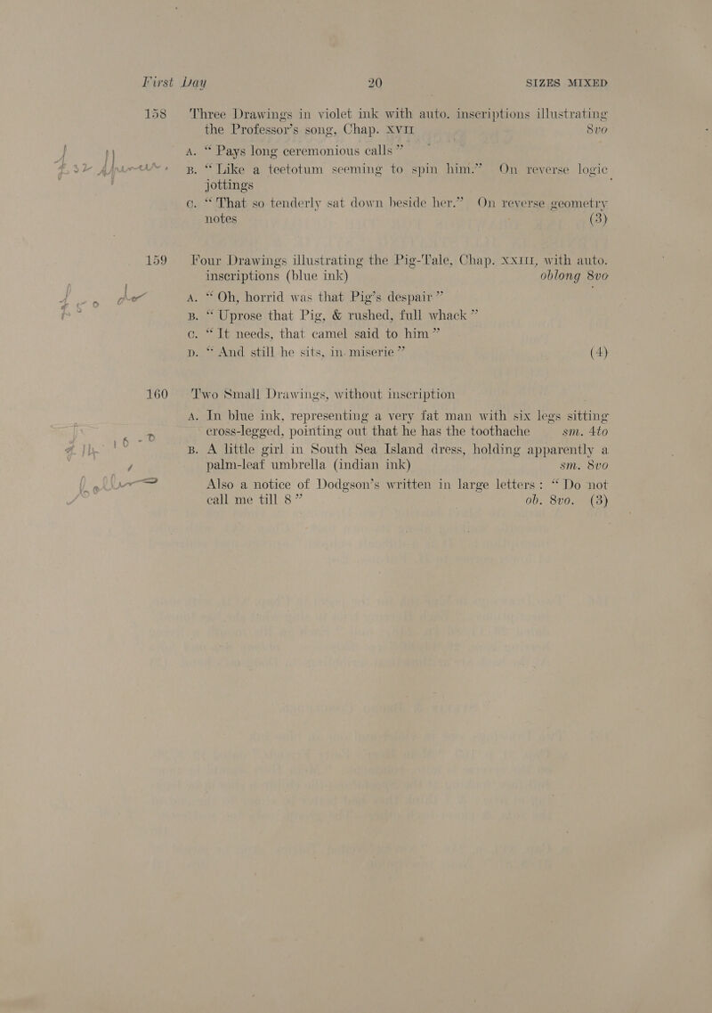 “ Pays long ceremonious calls ” “Like a teetotum seeming to spin him.” On reverse logic Jottings “That so tenderly sat down beside her.” On reverse geometry notes _ (3) inscriptions (blue ink) oblong 8vo “ Oh, horrid was that Pig’s despair ” ‘“Uprose that Pig, &amp; rushed, full whack ” “Tt needs, that camel said to him ” “And still he sits, in. miserie ” (4) cross-legged, pointing out that he has the toothache sm. 4to A little girl in South Sea Island dress, holding apparently a palm-leaf umbrella (indian ink) sm. 8vo Also a notice of Dodgson’s written in large letters: “ Do not call me till 8” . ob. 8vo. (3)