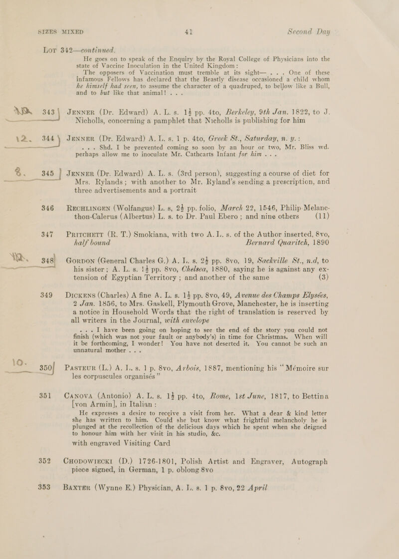 SIZES 349 He goes on to speak of the Enquiry by the Royal College of Physicians into the state of Vaccine Inoculation in the United Kingdom: The opposers of Vaccination must tremble at its sight— ... One of these infamous Fellows has declared that the Beastly disease occasioned a child whom he himself had seen, to assume the character of a quadruped, to bellow like a Bull, and to but like that animal! ... JENNER (Dr. Edward) A. L. s. 14 pp. 4to, Berkeley, 9th Jan. 1822, to J. Nicholls, concerning a pamphlet that Nicholls is publishing for him J@NNER (Dr. Edward) A. lL. s. 1 p. 4to, Greek St., Saturday, n. y. : . Shd. I be prevented coming so soon by an hour or two, Mr. Bliss wd. perhaps allow me to inoculate Mr. Cathcarts Infant for him... JENNER (Dr. Edward) A. L. s. (3rd person), suggesting a course of diet for Mrs. Rylands; with another to Mr. Ryland’s sending a prescription, and three advertisements and a portrait RECHLINGEN (Wolfangus) L. s, 24 pp. folio, March 22, 1546, Philip-Melanc- thon-Calerus (Albertus) L. s. to Dr. Paul Ebero ; and nine others (ii) PrircHett (R. T.) Smokiana, with two A. IL. s. of the Author inserted, 8vo, half bound Bernard Quaritch, 1890 Gorvon (General Charles G.) A. I. s. 24 pp. 8vo, 19, Sackville St., n.d, to his sister; A. L. s. 14 pp. 8vo, Chelsea, 1880, saying he is against any ex- tension of Egyptian Territory ; and another of the same (3) DicKENsS (Charles) A fine A. L. s. 14 pp. 8vo, 49, Avenue des Champs Elysées, 2 Jan. 1856, to Mrs. Gaskell, Plymouth Grove, Manchester, he is inserting a notice in Household Words that the right of translation is reserved by all writers in the Journal, with envelope . .. I have been going on hoping to see the end of the story you could not finish (which was not your fault or anybody’s) in time for Christmas. When will it be forthcoming, I wonder! You have not deserted it. You cannot be such an unnatural mother... PastrEur (L.) A. I... s. 1 p. 8vo, Arbois, 1887, mentioning his “Mémoire sur les corpuscules organisés ” Canova (Antonio) A. L.s. 14 pp. 4to, Rome, 1st June, 1817, to Bettina [von Armin], in Italian : He expresses a desire to receive a visit from her. What a dear &amp; kind letter she has written to him. Could she but know what frightful melancholy he is plunged at the recollection of the delicious days which he spent when she deigned to honour him with her visit in his studio, &amp;c. with engraved Visiting Card CHopowIkcokK! (D.) 1726-1801, Polish Artist and Engraver, Autograph piece signed, in German, 1 p. oblong 8vo Baxter (Wynne E.) Physician, A. I. 8. 1 p. 8vo, 22 April