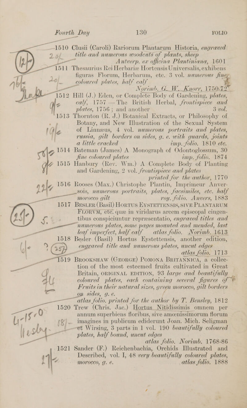 1510 Clusii (Caroli) Rariorum Plantarum Historia, engraved title and numerous woodcuts of plants, sheep — Antverp. ex officina Plantiniana, 1601 F511 Thesaurius Rei Herbariz Hortensis Universalis, exhibens aad figuras Florum, Herbarum, ete. 3 vol. numerous finer “0! coloured plates, half calf 4 Le Norimb, GW. Knorr, 1750-72 ~ 1512 Hill GJ.) Eden, or Complete “Body of Gardener plates, Ae calf, 1757 —The British Herbal, frontispiece and 5 plates, 1756; and another 3 vol. 1513 Thornton (R. J.) Botanical Extracts, or Philosophy of ps Botany, and New Illustration of the Sexual System ' a a: of Linnzus, 4 vol. newmerous portraits and plates, | russia, gilt borders on sides, g. e. with guards, joints a little cracked imp. folio. 1810 ete. 1514 Bateman (James) A Monograph of Odontoglossum, 30 jine coloured plates imp. folio. 1874 1515 Hanbury (Rev. Wm.) A Complete Body of Planting and Gardening, 2 vol. frontispiece and plates printed for the author, 1770 Ie 1516 Rooses (Max.) Christophe Plantin, Imprimeur Anver- — Soils, numerous portraits, plates, facsimiles, etc. half Lee — morocco gilt roy. folio. Anvers, 1883 1517 Brsuer (Basil) Hortus EvsTErrensis, SIVE PLANTARUM FLORVM, ete. que in viridarus arcem episcopal cingen- tibus conspiciuntur representatio, engraved titles and “numerous plates, some pages mounted and mended, last leaf imperfect, half calf — atlas folio. Norimb. 1613 1518 Besler (Basil) Hortus Eystettensis, another edition, ( Le % 45 engraved title and numerous plates, uncut edges ad atlas folio, 1713 a “7519 BrRooKsHAW (GEORGE) PoMONA BRITANNICA, a collec- ee oii es tion of the most esteemed fruits a ow in Great Cy Britain, ORIGINAL EDITION, 93 large and beautifully g { coloured plates, each containing several figures of ¥ Fruits in their natural sizes, gr cen morocco, gilt bor ders oo on sides, g. @. atlas folio. printed for the asthe by T. Bensley, 1812 og 1520 Trew (Chris. Jac.) Hortus Nitidissimis omnem per hs / 0 annum superbiens floribus, sive amcenissimorum florum (i Fr (&amp; imagines in publicum écaclerdnit Joan. Mich. Seligman | 1, CAM4- ' (et Wirsing, 3 parts in 1 vol. 190 beautifully coloured yj VY | plates, half bound, uncut edges ie, atlas folio. Norimb. 1768-86 1521 Sander (F.) Reichenbachia, Orchids Illustrated and he Described, vol. I, 48 very beautifully coloured plates, ai? Morocco, YJ. e. atlas folio. 1888  A 4 Oo 