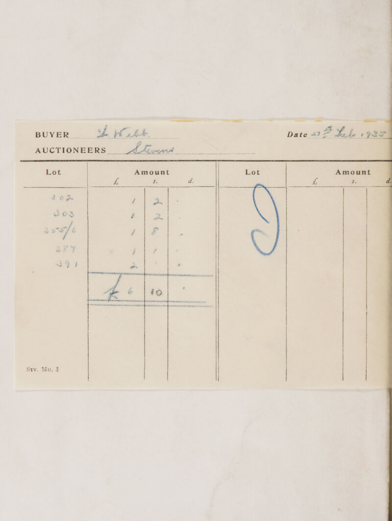 BUYER Lh hb Date 21? Lake +9 #e AUCTIONEERS __ Abert prs eer re ee Terre Teter ee reer e Terre Te Terre eee ee eer Lot Amount Lot Amount 6 ss d. a oe e. i oy) é “3 aaermn, j of ia :  a DINE TSENG BIDE NSE ag ON  