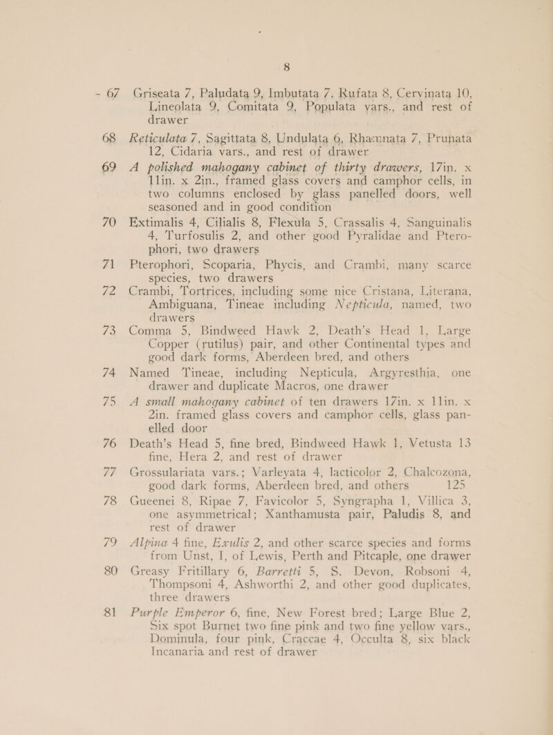 - 67 68 69 70 8 Griseata 7, Paludata 9, Imbutata 7. Rufata 8, Cervinata 10, Lineolata a Comitata 9, Populata vars., and rest of drawer Reticulata 7, Sagittata 8, Undulata 6, Rhamnata 7, Prunata is Cidaria vars., and rest of drawer A polished mahogany cabmet of thirty drawers, 17in. x llin. x 2in., framed glass covers and camphor cells, in two columns enclosed by glass panelled doors, well seasoned and in good condition Extimalis 4, Cilialis 8, Flexula 5, Crassalis 4, Sanguinalis 4, Turfosulis 2, and other good Pyralidae and Ptero- phori, two drawers Pterophori, Scoparia, Phycis, and Crambi, many scarce species, two drawers Crambi, Tortrices, including some nice Cristana, Literana, Ambiguana, Tineae including Ne pticula, named, two drawers Comma 5, Bindweed Hawk 2, Death’s Head 1, Large Copper (rutilus) pair, and other Continental types and good dark forms, Aberdeen bred, and others Named ‘Tineae, including Nepticula, Argyresthia, one drawer and duplicate Macros, one drawer A small mahogany cabmet of ten drawers 17in. x llin. x 2in. framed glass covers and camphor cells, glass pan- elled door Death’s Head 5, fine bred, Bindweed Hawk 1, Vetusta 13 fine, Hera a and rest of drawer Grossulariata vars.; Varleyata 4, lacticolor 2, Chalcozona, good dark forms, Aberdeen bred, and others 125 Gueenei 8, Ripae 7, Favicolor 5, Syngrapha 1, Villica 3, one asymmetrical; Xanthamusta pair, Paludis 8, and rest of drawer Alpina 4 fine, Exults 2, and other scarce species and forms from Unst, I, of Lewis, Perth and Pitcaple, one drawer Greasy Fritillary 6, Barretti 5, S. Devon, Robsoni 4, Thompsoni 4, Ashworthi 2, and other good duplicates, three drawers Purple Emperor 6, fine, New Forest bred; Large Blue 2, Six spot Burnet two fine pink and two fine yellow vars., Dominula, four pink, Craccae 4, Occulta 8, six black Incanaria and rest of drawer