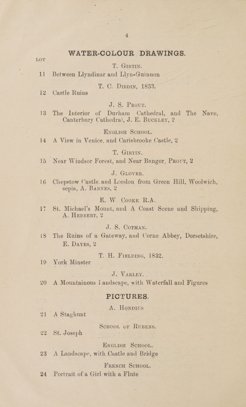 23 24 WATER-COLOUR DRAWINGS. T. GIRTIN. Between Llyndinar and Llyn-Guinnon T. C. Dippin, 18338. Castle Ruins J. §. Prout. The Interior of Durham Cathedral, and The Nave, Canterbury Cathedral, J. E. Buckiny, 2 ENGLISH SCHOOL. A View in Venice, and Carisbrooke Castle, 2 T. GIRTIN. J. GLOVER. Chepstow Castle. and Lordon from Green Hill, Woolwich, sepia, A. Barnes, 2 EK. W. Goin R.A. St. Michael’s Mount, and A Coast Scene and Shipping, A. HERBERT, 2 J. 8. Corman. The Ruins of a Gateway, and Corne Abbey, Dorsetshire, K. Dayss, 2 -_ “Te -. FIR pine, 1832: York Minster J. VARLEY. . A eats nbas Landscape, with Waterfall and Figures PICTURES. A. Honpius ScHoo. oF RUBENS. St. Joseph : ENGLISH SCHOOL. _ A Landscape, with Castle and Bridge FRENcH SCHOOL. | Portrait of a Girl with a Flute