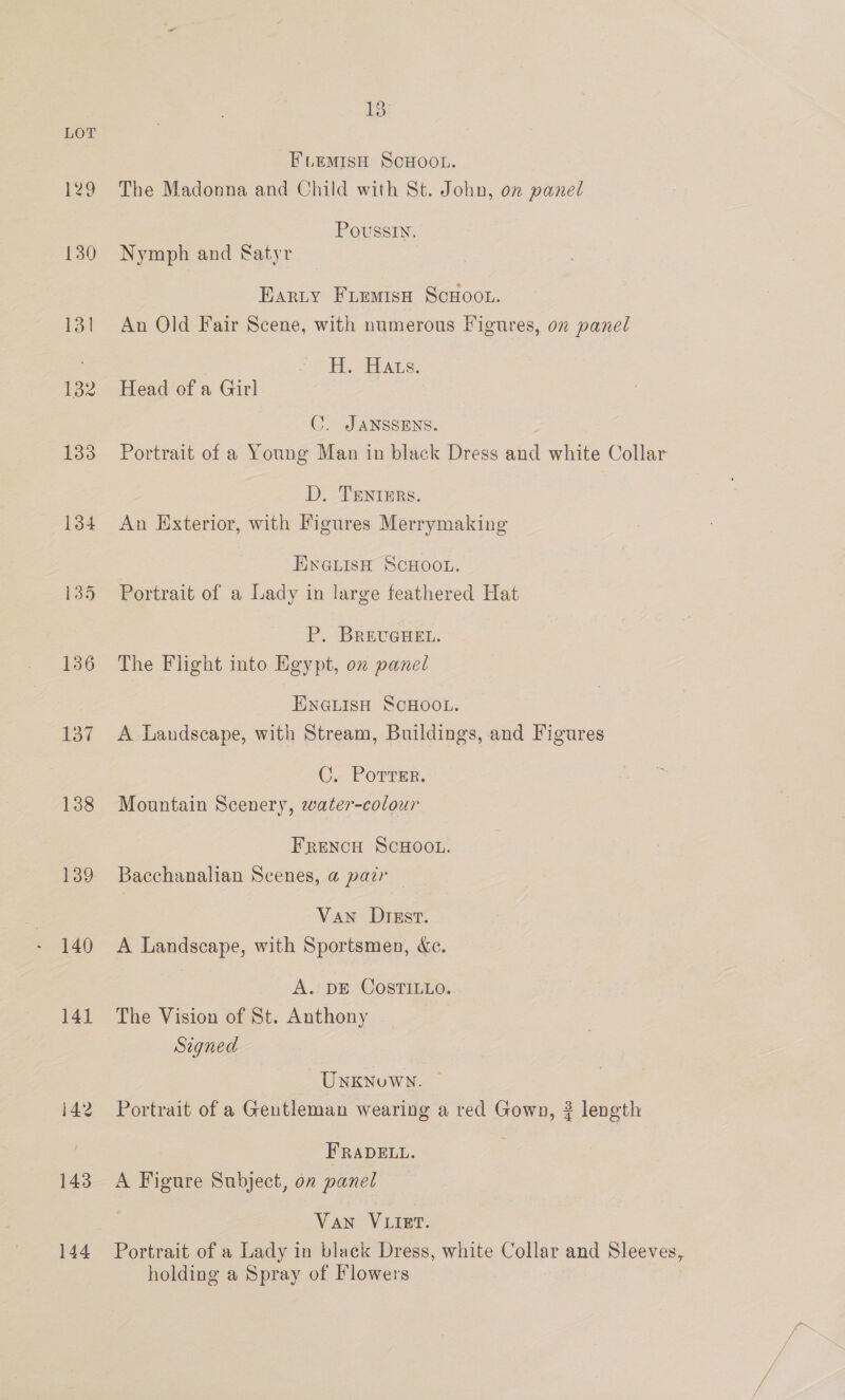 LOT ELEMISH SCHOOL. 129 The Madonna and Child with St. John, on panel Poussin. 130 Nymph and Satyr Earty Furmisn ScHoot. 13! An Old Fair Scene, with numerous Figures, 07 panel HERAT. 132 Head of a Girl C. JANSSENS. 133 Portrait of a Young Man in black Dress and white Collar D. TENrErs. 134 An Exterior, with Figures Merrymaking ENGLisH SCHOOL. 135 Portrait of a Lady in large feathered Hat P. BREUGHEL. 136 The Flight into Egypt, on panel EneLisH SCHOOL. 137 A Landscape, with Stream, Buildings, and Figures C. Porrer. 138 Mountain Scenery, water-colour FRENCH SCHOOL. 139 Bacchanalian Scenes, @ pazr — Van Dust. 140 <A Landscape, with Sportsmen, Xc. A. DE COSTILLO. 141 The Vision of St. Anthony Signed UnKNoWN. 142 Portrait of a Gentleman wearing a red Gown, ? length FRADELL. 143 A Figure Subject, on panel VAN VLIBT. 144 Portrait of a Lady in black Dress, white Collar and Sleeves, holding a Spray of Flowers