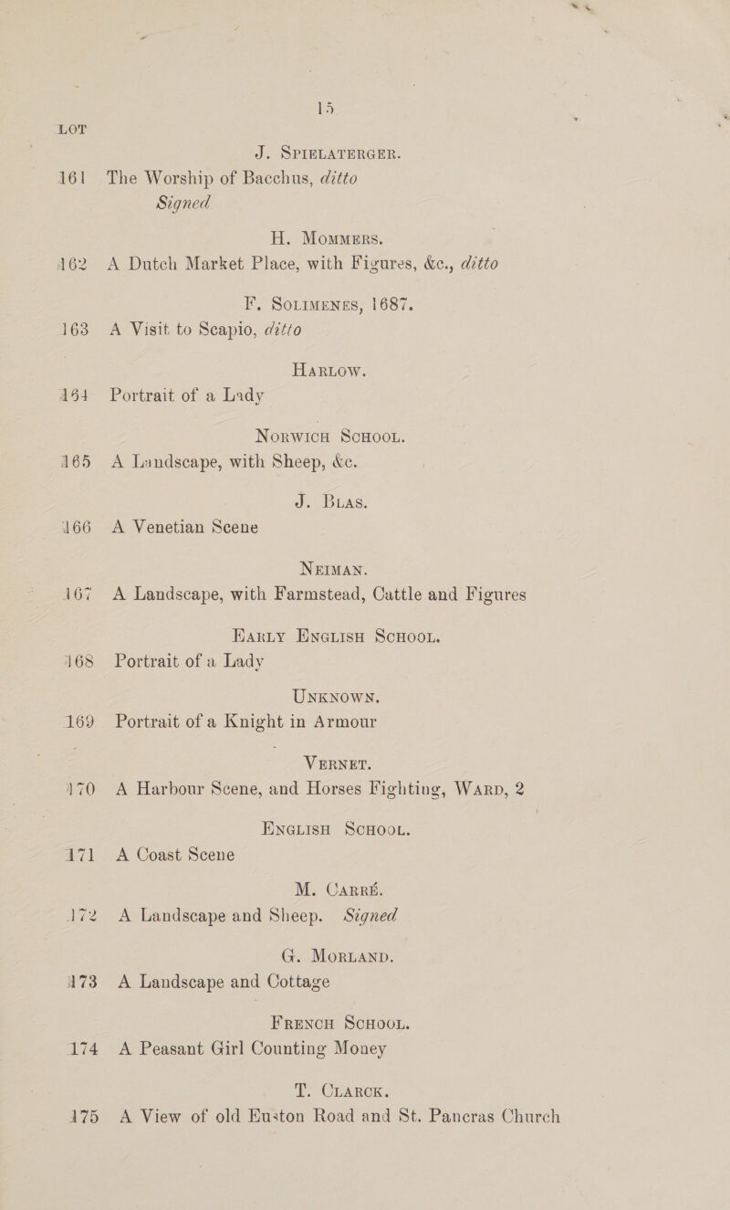 ~- Ld LoT J. SPIELATERGER. 161 The Worship of Bacchus, ditto Signed H. Mommers. 162 A Dutch Market Place, with Figures, &amp;c., ditto I’, SoLtimenes, 1687. 163 A Visit to Scapio, dztio Hariow. 464 Portrait of a Lady Norwica ScHoot. 165 A Landscape, with Sheep, &amp;c. Bias. 166 A Venetian Scene NEIMAN. 167 A Landscape, with Farmstead, Cattle and Figures Earty Enauisa ScHoou. 168 Portrait of a Lady UNKNOWN. 169 Portrait of a Knight in Armour VERNET. 170 A Harbour Scene, and Horses Fighting, Warp, 2 ENGLISH SCHOOL. 171 A Coast Scene M. Carré. 172 A Landscape and Sheep. Szgned G. Mornanp. 173 A Landscape and Cottage FRENCH SCHOOL. 174 A Peasant Girl Counting Money T. CLARCK. 475 A View of old Euston Road and St. Pancras Church