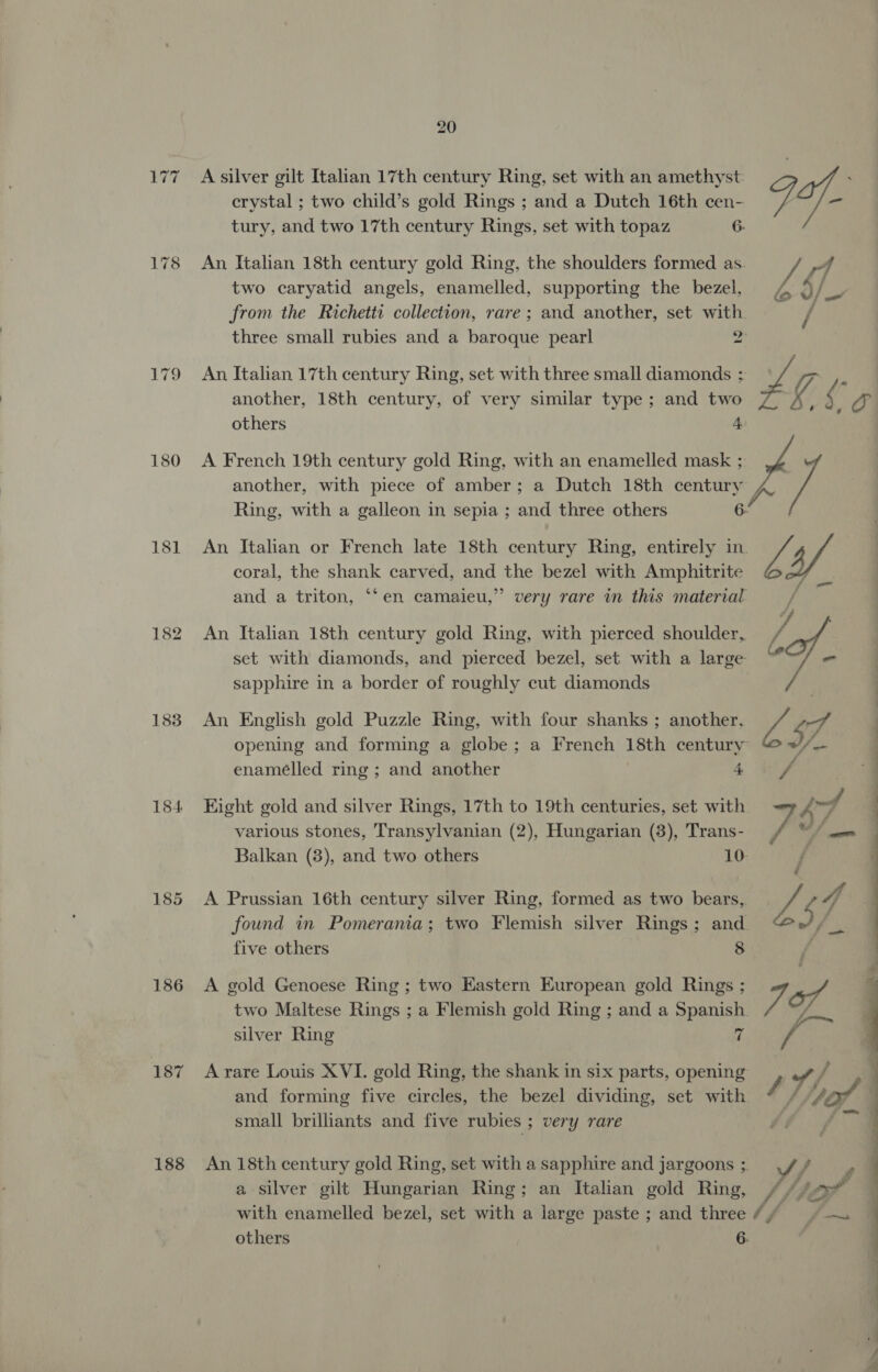 183 184 186 187 188 20 crystal ; two child’s gold Rings ; and a Dutch 16th cen- A silver gilt Italian 17th century Ring, set with an amethyst 9 of. . tury, and two 17th century Rings, set with topaz 6. An Italian 18th century gold Ring, the shoulders formed as. / r7 two caryatid angels, enamelled, supporting the bezel, 4 / from the Richetti collection, rare; and another, set with three small rubies and a baroque pearl 2 An Italian 17th century Ring, set with three small diamonds ; ; another, 18th century, of very similar type; and two 7 ¥ { Oo others 4 A French 19th century gold Ring, with an enamelled mask ; another, with piece of amber; a Dutch 18th century Ring, with a galleon in sepia ; and three others 6: An Italian or French late 18th century Ring, entirely in. L4/ coral, the shank carved, and the bezel with Amphitrite / 99 and a triton, ‘‘en camaieu,”’ very rare i this material An Italian 18th century gold Ring, with pierced shoulder, fi set with diamonds, and pierced bezel, set with a large - sapphire in a border of roughly cut diamonds An English gold Puzzle Ring, with four shanks ; another, Ma EVA opening and forming a globe; a French 18th century Ye enamélled ring ; and another 4 ef Eight gold and silver Rings, 17th to 19th centuries, set with Vom various stones, Transylvanian (2), Hungarian (3), Trans- Vig Se Balkan (3), and two others 10: / A Prussian 16th century silver Ring, formed as two bears, 14 found in Pomerania; two Flemish silver Rings; and. I) . five others 8 A gold Genoese Ring ; two Eastern European gold Rings ; or two Maltese Rings ; a Flemish gold Ring ; and a Spanish a silver Ring 7 faa  A rare Louis XVI. gold Ring, the shank in six parts, opening | f jf and forming five circles, the bezel dividing, set with 4) small brilliants and five rubies ; very rare An 18th century gold Ring, set with a sapphire and jargoons; ff s a silver gilt Hungarian Ring; an Italian gold Ring, Af tof % with enamelled bezel, set with a large paste; and three/f ¥§ — :