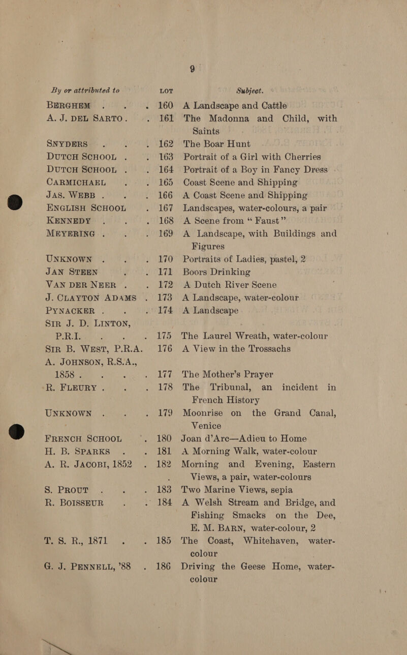 BERGHEM A. J. DEL SARTO. SNYDERS DUTCH SCHOOL DUTCH SCHOOL CARMICHAEL JAS. WEBB . ENGLISH SCHOOL KENNEDY MEYERING . UNKNOWN JAN STEEN VAN DER NEER J. CLAYTON ADAMS PYNACKER . SIR J. D. LINTON, Ponsa A. JOHNSON, R.S.A., 1858 . R. FLEURY . UNKNOWN FRENCH SCHOOL H. B. SPARKS A. R. JACOBI, 1852 S. PROUT R. BOISSEUR Pe. Hig tOl lL. G. J. PENNELL, 88 A Landscape and Cattle . The Madonna and Child, with Saints The Boar Hunt Portrait of a Girl with Cherries Portrait of a Boy in Fancy Dress Coast Scene and Shipping A Coast Scene and Shipping Landscapes, water-colours, a pair A Scene from “ Faust” A Landscape, with Buildings and Figures Portraits of Ladies, pastel, 2 Boors Drinking A Dutch River Scene A Landscape, water-colour A Landscape The Laurel Wreath, water-colour A View in the Trossachs The Mother’s Prayer The ‘Tribunal, an French History Moonrise on the Grand Canal, Venice Joan d’Arc—Adieu to Home A Morning Walk, water-colour Morning and Evening, Eastern Views, a pair, water-colours Two Marine Views, sepia A Welsh Stream and Bridge, and Fishing Smacks on the Dee, K. M. BARN, water-colour, 2 | The Coast, Whitehaven, water- colour Driving the Geese Home, water- colour incident in