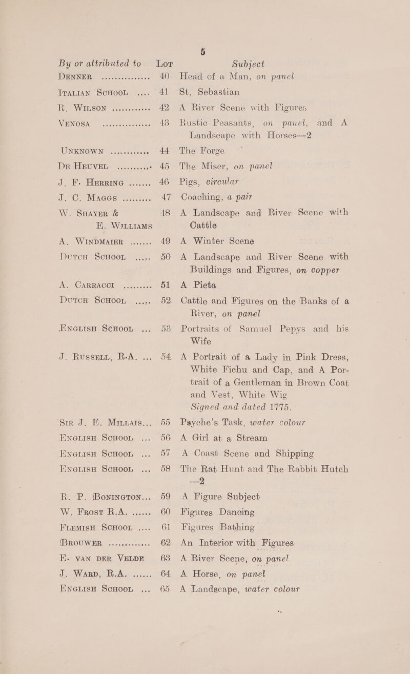 DENNER .ccceerte ol v4 40 ITALIAN SCHOOL Al ANTON “co sseiecesss 42 NIENOBA ~ oveccaueeceda on 43 UNKNOWN siveedeviess 44 Da ROVE “Yvaseats), £0 J, Bs EPBRRING™ ¢....:. 46 NO. MINGES ee AT W. SHAvER &amp; 48 EK. WiLuiAMs A. WINDMAIER ....... AQ Durcu -S0Hoon--.4,. 50 Pee CARRAC ODS ti. .ty user 51 Durce, ScHoor. 4... 52 EneuisH ScHooL ... 53 J. Russpiy, BA. ... 54 pir J. EH. Minats... 55 ENGLISH SCHOOL 56 ENGLISH SCHOOL 57 Enerisn ScHoon 58 R. P. Bontneron.., 59 W. Frost R.A. 4 4..6: 60 FLemisH SCHOOL .... 61 BROUWER. .sscneesezss 62 E. VAN DER VELDE 63 WARD OR Agi acs 64. ENGLISH ScHOOL ,., 665 Head of a Man, on panel St. Sebastian A River Scene with Figures on and A Landscape with Horses—2 Rustic Peasants, panel, The Forge The Miser, on panel Pies, circular Coaching, a pair A Landscape and River Scene with Cattle A Winter Scene A Landscape and River Scene with Buildings and Figures, on copper A Pieta Cattle and Figures on the Banks of a River, on panel Portraits of Samuel Pepys and his Wite A Portrait of a Lady in Pink Dress, White Fichu and Cap, and A Por- trait of a Gentleman in Brown Coat and Vest, White Wig Signed and dated 1775. Psyche’s Task, water colour A Girl at a Stream A Coast Scene and Shipping The Rat Hunt and The Rabbit Hutch —2 A Figure Subject Figures Dancing Figures Bathing An Interior with Figures A River Scene, on panel A. Horse, on panel A Landscape, water colour