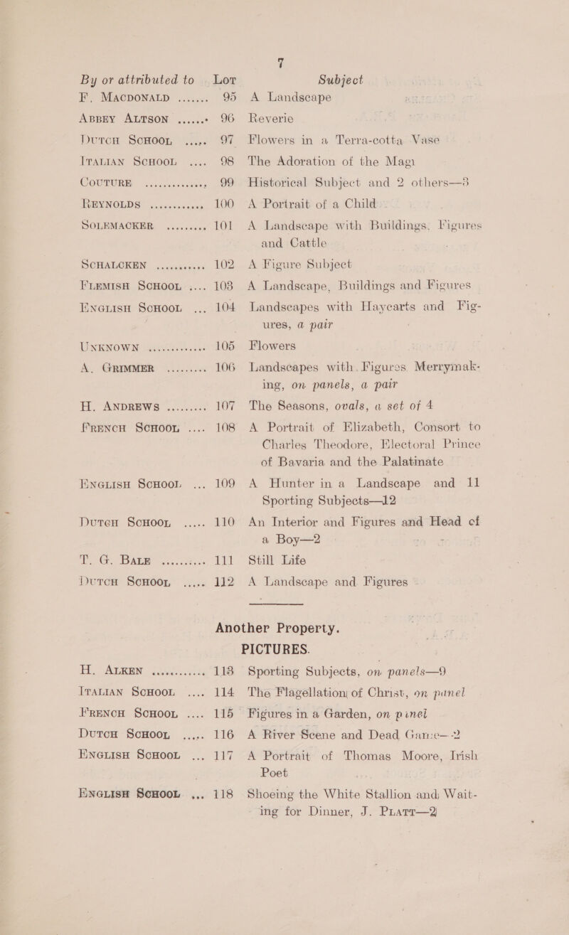 BE MIWEDONALD ..hc.«: 95 ABBEY ALTSON ...... » 96 Dutcen: Scwoen!: i... “S¥ ITALIAN SCHOOL A Landscape Reverie Flowers in a Terra-cotta Vase The Adoration of the Magi Historical Subject and 2 others—s A Portrait of a Child. ~' A Landscape with Buildings, Figures and Cattle A Figure Subject A Landseape, Buildings and Figures — Landscapes with Haycarts and Fig- ures, @ pair Flowers Landscapes with. Figures Merrymak- ing, on panels, a pair The Seasons, ovals, a set of 4 A Portrait of Elizabeth, Consort to Charles Theodore, Electoral Prince of Bavaria and the Palatinate A Hunter in a Landscape and 11 Sporting Subjects—12 An Interior and Figures and Head of a Boy—2 . Still Life A Landscape and. Figures COUDURE <click Oe XEN NOBDS? owes ccd ce ,. £00 BOLEMACKER: ..s.sescs 101 DCHALOKEN -. owcvucsh ks 102 FLEMISH SCHOOL .... 108 Enauisu ScHoon 104 LES KNOWN Dads ees 105 A, GRIMMER ......... 106 H, ANDREWS ........: 107 FfreNcH ScHoon .... 108 ENGLISH SCHOOL 109 Duten ScHoor ..... 110 Ch DAB 4, oft .es Lit Dutca ScwHoor, ..... 1]2 dt ALN Db60)o gk 118 ITALIAN ScHOOL 114 Frenca Scwoon .... 115° DutcH ScHooy ..... 116 EneuisH ScHOoL ... 117 ENGLISH ScHOOL ,.. 118 Sporting Subjects, on panels—9 The Flagellation| of Christ, on panel Figures in a Garden, on pinel A River Scene and Dead Ganie— 2 A Portrait of Thomas Moore, Irish Poet Shoeing the White Stallion and, Wait- - ing for Dinner, J. PLharr—2 :