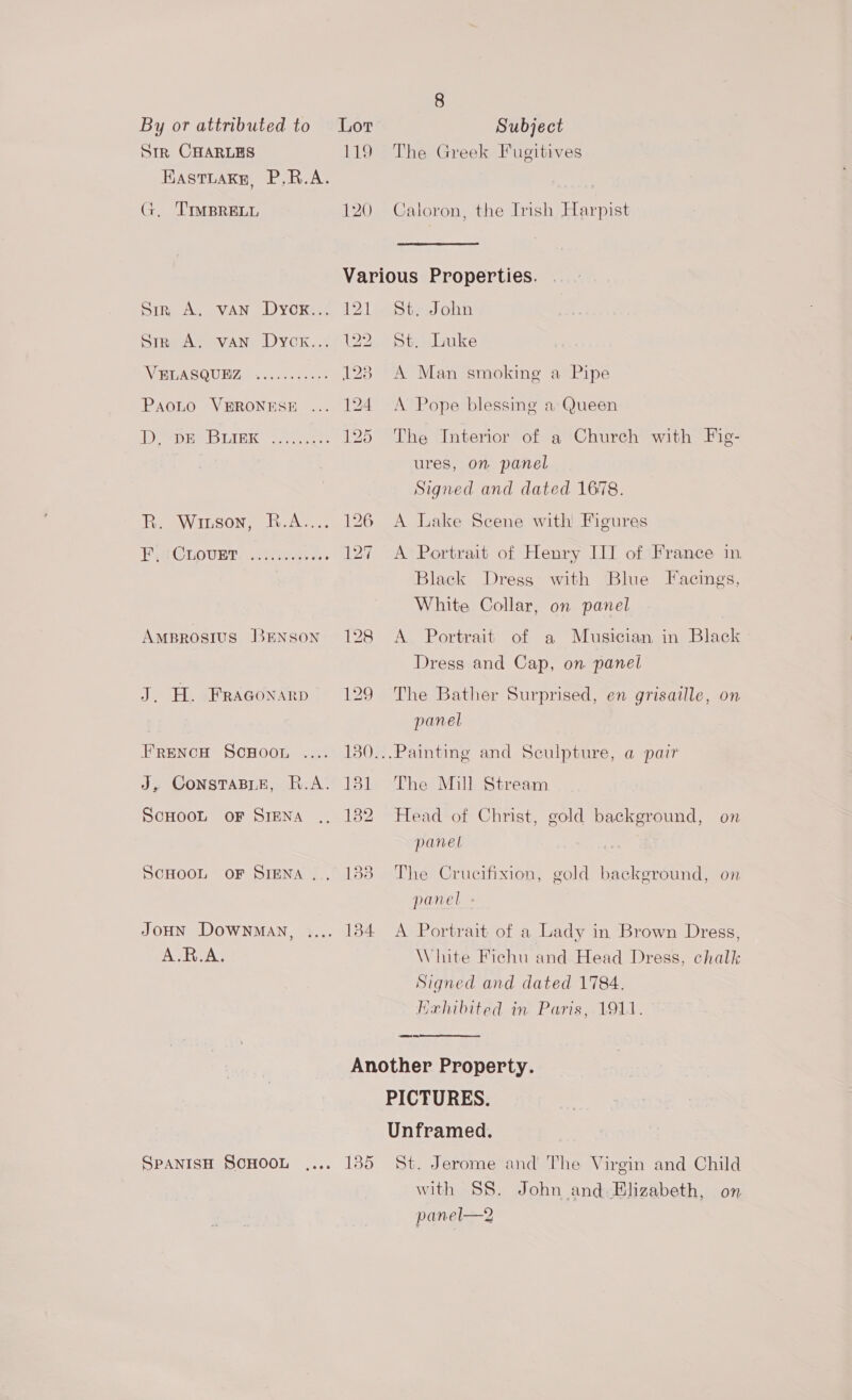 Str CHARLES Hastuakn, P.R.A. G. TIMBRELL Sim A. VAN DYOK... Sir A. van Dyck... WAS OU Zona ekere ce PaoLto VERONESE Leap re DIRK see RaW ALSON = Geek. AmBrRosiIus BENSON J. H. -FRAGONARD FRENCH ScHOOL J. CONSTABLE, R.A. ScHooL OF SIENA ScHOOL OF SIENA. JoHn Downman, .... A.R.A. SPANISH SCHOOL .... 119 The Greek Fugitives 120 Caloron, the Irish Harpist Various Properties. 121 St. John 122. St. Luke 123 A Man smoking a Pipe 124 A Pope blessing a Queen 125 The Interior of a Church with Fig- ures, on panel Signed and dated 1678. 126 A Lake Scene with Figures 127 A Portrait of Henry III of France in Black Dress with Blue Facings, White Collar, on panel 128 A Portrait of a Musician in Black Dress and Cap, on panel 129 The Bather Surprised, en grisaille, on panel 130...Painting and Sculpture, a pair 131 The Mill Stream panel The Crucifixion, gold backeround, on panel . 184 A Portrait of a Lady in Brown Dress, Wlite Fichu and Head Dress, chalk Signed and dated 1784. Hahibited in Paris, 1911. Another Property. PICTURES. Unframed. 185 St. Jerome and The Virgin and Child with SS. John and Elizabeth, on panel—2