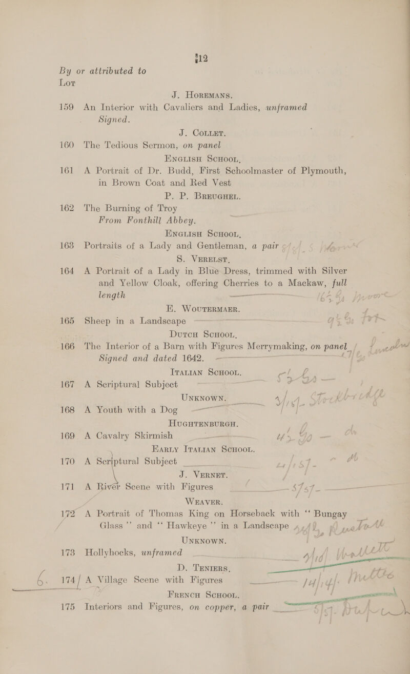 g12 Lor 159 160 161 165 167 168 169 170 el 172 173 175 J. Horemans. An Interior with Cavalers and Ladies, unframed Signed. J. COLLET. The Tedious Sermon, on panel ENGLISH SCHOOL, A Portrait of Dr. Budd, First Schoolmaster of Plymouth, in Brown Coat and Red Vest P. P. BREUGHEL. The Burning of Troy From Fonthill Abbey. ENGLISH SCHOOL, Portraits of a Lady and Gentleman, a pair &lt;/ S. VERELST. A Portrait of a Lady in Blue Dress, trimmed with Silver and Yellow Cloak, offering Cherries to a ee ak length — G7 EH. WovutvERMAER. Sheep in a Landscape DutcH ScHoon, ; The Interior of a Barn with Figures eran, on pane, [fe Pe pho Signed and dated 1642. re | ITALIAN SCHOOL. A Seriptural Subject UNKNOWN. Ad,A A Youth with a Dog ae Ts HUGHTENBURGH. | A Cavalry Skirmish 9 — bf Earuy ItantIaAn SCHOOL. A Seriptural Subject — _ J. VERNET. A Rivér Scene with Figures SN Fe WEAVER. A Portrait of Thomas King on Horseback with “‘ Rita a Glass ’’ and ‘‘ Hawkeye ”’ in a Landscape « UNKNOWN. ae — Hollyhocks, unframed | PAA D. 'TENIERS,  FRENCH SCHOOL. LL cementite Interiors and Figures, on copper, a pair |