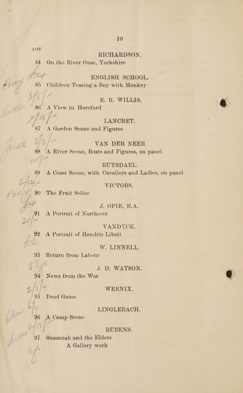 LOT | RICHARDSON. S84 On the River Ouse, Yorkshire tf ENGLISH SCHOOL. 85 Children Teasing a Boy with Monkey E. R. WILLIS. 86 A View in Hereford ] f {= Pe Ae LANCRET. 87 A Garden Scene and Figures a VAN DER NEER | 88 “A River Scene, Boats and Figures, on panel _. RUYSDAEL. _ 89 A Coast Scene, with Cavaliers and Ladies, on panel Ls a VICTORS. ’ 90 The Fruit Seller xt J. OPIE, R.A. 91 A Portrait of Northcote VANDYCK. - 92 A Portrait of Hendric Libeti W. LINNELL. 93 Return from Labour 2 J. D. WATSON. 94 News from the War RY bel WEENIX. 99 Dead Game a LINGLEBACH. | J6 A Camp Scene ie RUBENS. 97 Susannah and the Elders A Gallery work