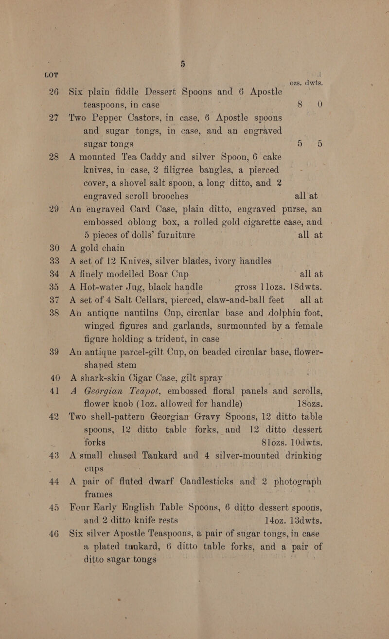 28 40 41 ozs. dwts. Six plain fiddle Dessert Spoons a 6 Apostle teaspoons, In case } Oy en U Two Pepper Castors, in case, a Adeatt spoons ) and sugar tongs, in case, and an engraved 3 sugar tongs eG, A mounted Tea Caddy and silver Spoon, 6 cake Or knives, in case, 2 filigree bangles, a pierced cover, a shovel salt spoon, a long ditto, and 2 engraved scroll brooches _ all at An engraved Card Case, plain ditto, engraved purse, an embossed oblong box, a rolled gold cigarette case, and 5 pieces of dolls’ furniture all at A gold chain | A set of 12 Knives, silver blades, ivory handles A finely modelled Boar Cup | - -* all at A Hot-water Jug, black handle gross llozs. |8dwts. A set of 4 Salt Cellars, pierced, claw-and-ball feet all at An antique nantilus Cup, circular base and dolphin foot, winged figures and garlands, surmounted by a female figure holding a trident, in case An antique parcel-gilt Cup, on beaded circular base, flower- shaped stem A shark-skin Cigar Case, gilt spray A Georgian Teapot, embossed floral panels and scrolls, flower knob (loz. allowed for handle) 1802s. spoons, 12 ditto table: forks, and 12 ditto dessert forks 8lozs. 10dwts. A small chased Tankard and 4 nS drinking CUPS ; | A pair of fluted dwarf Candlesticks and 2 photograph frames Four Early English Table Spoons, 6 ditto dessert spoons, and 2 ditto knife rests l4oz. 13dwts. Six silver Apostle Teaspoons, a pair of sugar tongs, in case a plated tankard, 6 ditto table forks, and a Bea of ditto sugar tongs |