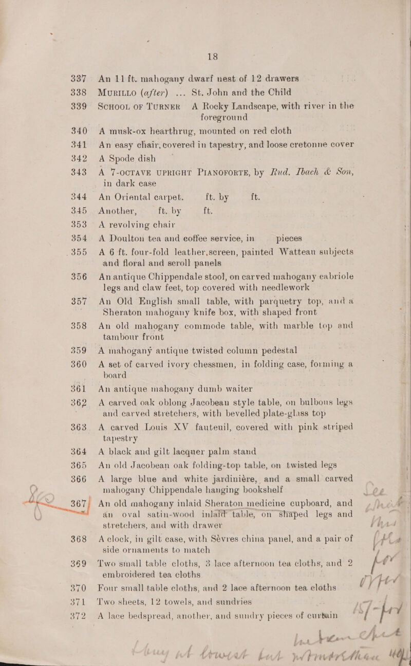 An 11 ft. mahogany dwarf nest of 12 drawers Morit1o (after) ... St. John and the Child ScHooL oF TuRNER A Rocky Landscape, with river in the foreground A musk-ox hearthrug, mounted on red cloth An easy chair, covered in tapestry, and loose cretonne cover A Spode dish A 7-OCTAVE UPRIGHT PIANOFORTE, by Rud. [bach &amp; Non, in dark case An Oriental carpet. ft. by ft. Another, ft. by ft. A revolving chair A Doulton tea and coffee service, in pieces A 6 ft. four-fold leather,screen, painted Watteau subjects and floral and seroll panels An antique Chippendale stool, on carved mahogany eabriole legs and claw feet, top covered with needlework An Old English small table, with parquetry top, and a Sheraton mahogany knife box, with shaped front An old mahogany commode table, with marble top and tambour front A mahogany antique twisted column pedestal A set of carved ivory chessmen, in folding case, forming a board An antique mahogany dumb waiter A carved oak oblong Jacobean style table, on bulbous legs and carved stretchers, with bevelled plate-glass top A carved Louis XV fauteuil, covered with pink striped tapestry A black and gilt lacquer Sie stand An old Jacobean oak folding-top table, on twisted legs A large blue and white jardiniére, and a small carved mahogany Chippendale hanging bookshelf An old mahogany inlaid Sheraton medicine cupboard, and an oval satin-wood inlaid table, on shaped legs and stretchers, and with drawer A clock, in gilt case, with Sévres china panel, and a pair of side ornaments to match Two small table cloths, 3 lace afternoon tea cloths, and 2 embroidered tea cloths | Four small table cloths, and 2 lace afternoon tea eloths See UV e~ 