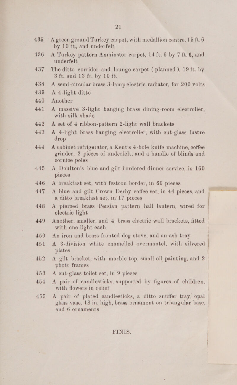 436 436 437 438 439 440 44] 442 443 444 445 21 A green ground Turkey carpet, with mera tian centre, 15 ft.6 by 10 ft., and underfelt A Turkey pattern Axminster Beet. 14 ft. 6 by 7 ft.6, and underfelt The ditto corridor and lounge carpet ( planned ), 19 ft. by 3 ft. and 13 ft. by 10 ft. A semi-circular brass 3-lamp electric radiator, for 200 volts A 4-light ditto Another A massive 3-light hanging brass dining-room electrolier, with silk shade A set of 4 ribbon-pattern 2-light wall brackets A 4-light brass hanging electrolier, with cut-glass lustre drop A cabinet refrigerator, a Kent’s 4-hole knife machine, coffee grinder, 2 pieces of underfelt, and a bundle of blinds and cornice poles A Doulton’s blue and gilt bordered dinner service, in 160 pleces A breakfast set, with festoon border, in 60 pieces A blue and gilt Crown Derby coffee set, in 44 pieces, and a ditto breakfast set, in’17 pieces A pierced brass Persian pattern hall lantern, wired for electric light with one light each An iron and brass fronted dog stove, and an ash tray A 3-division white enamelled overmantel, with silvered plates — a photo frames A cut-glass toilet set, in 9 pieces A pair of candlesticks, supported by figures of children, with flowers in relief and 6 ornaments FINIS.