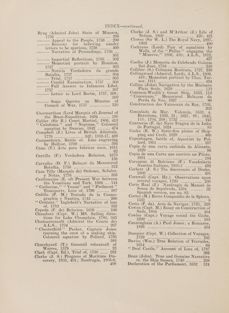Byng (Admiral John) State of Minorca, 1756 29 eco ere eee oe ers reoerse sors ooesenerser oe ogrse  8 Appeal to the People, 1756 ... 299  Reasons for believing sundry letters to be spurious, 1756 ......... 300 Narrative of Proceedings, L756  Impartial Reflections, 1756 ... 302 Mezzotint portrait by Houston, LISP uc tigickacduhisen cetera tec eee eee 303 Noticia WVerdadeira da_ grande Battallian. Jb. cascks caticanteneeteereeem 304 MET OC HO: Vike cthaaten ovement ees 305 Candid Examination, 1757 ... 306 Full Answer to Infamous Libel, LAS (Ee NE A eR ene UPON MES ARS AB 307 Letter to Lord Bertie, 1757, eae Os        Some Queries on Minutes of Councibvor Ware: 120s Seca ten 310  Caermarthon (Lord Marquis of) Journal of the Brest-Expedition, 1694 ....... 190 Calder (Sir R.) Court Martial, 1806, 413 ‘¢ Caledonia’’ and ‘‘ Neptune, > “Coloured aquatint by Duncan, 1842 ......... A74. Campbell (J.) Lives of British Admirals, ILS RISE ROA Eesti en 342 ; 1812-17, 429 Camperdown, Battle of. Line engraving low ( Enoliver.: AVO9 v.chileuk ..esabeaee, 394 Cano (T.) Arte para fabricar naos, des Carrillo (F.). Verdadera Relacion, ete Carvalho (D. F.) Relacaé da Memoravel Batalhay U6 o., eee nee 312 Casa Tilly (Marquis de) Ordenes, Sefales, By) ING Bee UO) (erase sataateggttcagine Whatton ole 335 Castlemaine (BE. of) Present War between the Venetians and Turk, 1666 ... 144 ‘¢ Catherine,’’ ‘‘ Venus’’ and “¢ Piedmont ” Transports, [56867 Ors VOGT (4 ee 387 Cedillo (P. M.) Tratado de la Cosmo- grapnia “iy Nautica, 1745 2.0.60 5...2) 266 *‘ Centaur,’ Inglefield’s Narrative of loss OLIN Ly (chs Bane Wir eae oat ay ee ey Me aa at 352 Cepeda (F. de) Relacion, 1639 ......... 106 Chambers (Capt. W.) MS. Sailing direc- tions for Lake Champlain, 1780, 343 Chateaurenault (Admiral the Comte aS sia] EVR NA a0? Oe ee Sein eres eo ee 207 ‘‘ Chesterfield ’’ Packet, Captain Jones rescuing the crew of a sinking ship. Coloured aquatint by Pollard, as Churchyard (T.) Generall rehearsall of NGO OOM ces cus annue ten nuect atsece 23 Clark (Capt. Hd), Priel ol; 1750 si. 282 Clarke (J. S.) Progress of Maritime Dis- covery, 1803, 401; Naufragia, oa a Clarke (J. S.) and M’Arthur (J.) Life of Nelson, VS00 5 viss-cnsn teens: 420 ; 421 @oereressoe renee esreserssesevesesesoerse eee (Lord) Pair of aquatints by Wells, of the ‘‘ Pallas ’’ ke the L ag Minerve,”’ 1806, 410; A Is, 427 Coelho (J.) Memoria do Celebrado Galeam ISa0: Odes. LOA ae in. n on raat ee hee 248 Colliber (S.) Columna Rostrata, 1727, 238 Collingwood (Admiral, Lord), A. ice , 1809, 418; Mezzotint portr ait by Chas. Tur- mer elt. ee ee 424 Collins (J ohn) Navigation by the Mariners Pisa Stale, LOO eh) mut cde Sake 133 Common-Wealth’ s\Great Ship, 1653; 113 ‘‘Conceicam,’’ Memoravel Relacam da Perda da INGO, POM pvcrtea Sa sonuke, 9 Construction des Vaisseaux du Roy, 1708, 2038 Consulado de Mar. Valencia, 1539, 4. Barcelona, 1592, 31; 1627, 88; 1645, 11s; 1704, 208 ; ee ane Pee 945 Contreras (Ff. de) Nave Tragica de la India dei Porttgal, M604. ca. ache 83 Cooke (EK. W.) Sixty-five plates of Ship- ping atid Craft, 1320 2 ...2./.0ce ee 460 Copenhagen, battle of, Aquatint by Pol- LER, / LOL, sss sige nee ets cee eed 397 Copia de una carta embiada de Alicante, LO 2” 2d peia5s a Pet spcalente One ee eae 96 Copia de una Carta que escrivio un Piloto, WOOL vr roves sts 7s3 eee eR wate Lee 184 Corazzini di Bulciano (F.) Vocabulario Nautico Italano, 1900-7. ~..74.04.. 492 Corbett (J. S.) The Successors of Drake, TODO: wag. \ actos at atin eels 491 Cornwall (Capt. ae Sper anene upon cont ai ) coe ‘Cane de la soe Sails, TS00) ek eae 404 Cowley (Capt) Voyage round the Globe, OS a Pa ory Set tcc MN Re a A: 193 Cunningham (A.) Paul Jones; a Romance, TOZO relia etask ens epee waren Bins enn 454 eee eceeceeceeeceesseresreseresesseseseseee ee eee Feeereeoes ors eoeserceresseseeresees 64 ‘* Deal Castle,’’ Account of Loss of, 1787 362 Dean (John). True and Genuine Narrative re. the Ship sussex, 1740) .....0 oc. 258 Declaration of the Parliament, 1652 - 124