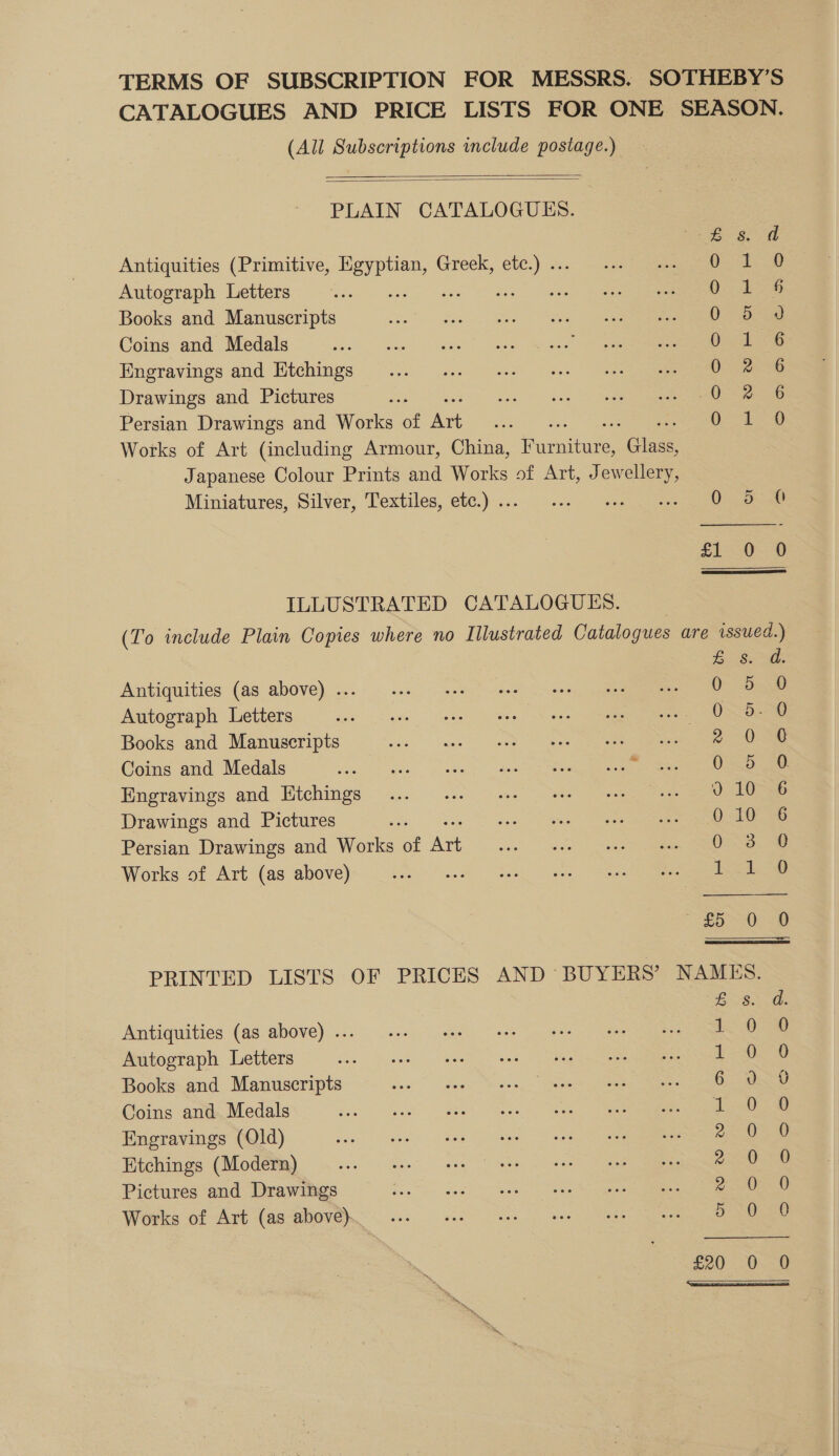 TERMS OF SUBSCRIPTION FOR MESSRS. SOTHEBY’S CATALOGUES AND PRICE LISTS FOR ONE SEASON. (All Subscriptions include postage.)   PLAIN CATALOGUES. Sy ge Pape (| Antiquities (Primitive, Egyptian, Greek, ie RRS: ee Autograph Letters a : 0 es Books and Manuscripts 0. b 2 Coins and Medals Ded erg Engravings and Etchings Oa Drawings and Pictures O25 6 Persian Drawings and Works of es (allay eas |, Works of Art (including Armour, China, Purnitare Gee Japanese Colour Prints and Works of Art, Jewellery, Miniatures, Silver, Textiles, etc.) ... .... 225 2) see ee £1309 ILLUSTRATED CATALOGUES. (To include Plain Copies where no Illustrated Catalogues are issued.) Bos. a: Antiquities (as above) ... 0“ D.38 Autograph Letters 05-8 Books and Manuscripts ai ant sane alee oe 8 Coins and Medals Sah Oe Gee: diy dpe eel Oi 3 Engravings and Etchings 0 10 6 Drawings and Pictures 106 Persian Drawings and Works of ar O38 Works of Art (as above) Lok a Bee 5 aps Ua &amp;) PRINTED LISTS OF PRICES AND BUYERS’ NAMES. BOBS Gs Antiquities (as above) ... | ee sce Autograph Letters 2 OOD Books and Manuscripts 6. 8 Coins and Medals Ta Engravings (Old) 2 RO Etchings (Modern) 2Se0 ew Pictures and Drawings Br wttes 0 Works of Art (as above) SRN ee