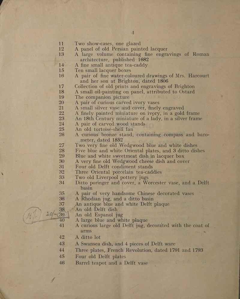 Pi 12 13 14 15 16 17 18 19 20 21 22 23 24 25 26 27 28 29 30 31 32 33 34 46 4 Two show-cases, one glazed A panel of old Persian painted lacquer A large volume containing fine engravings of Roman architecture, published 1682 A fine small antique tea-caddy Ten small lacquer boxes A pair of fine water-coloured drawings of Mrs. Harcourt and her son at Brighton, dated 1806 Collection of old prints and engravings of Brighton A small oil-painting on panel, patient to Ostard The companion. picture A small silver vase and cover, finely engraved A finely painted miniature on ivory, in a gold frame An 18th Century miniature of a lady, in a silver frame A pair of carved wood stands An old tortoise-shell fan A curious bronze stand, containing i and baro- meter, dated 1852 Two very fine old Wedgwood blue and white dishes Five blue and white Oriental plates, and 3 ditto dishes | Blue and white sweetmeat dish in lacquer box A very fine old Wedgwood cheese dish and cover Four old Delft condiment stands Three Oriental porcelain tea-caddies Two old Liverpool pottery jugs Ditto poringer and cover, a Worcester vase, and a Delft basin A pair of very Radtsoine Chinese decorated vases A Rhodian jug, and a ditto basin An antique blue and white Delft plaque An old Espanol jug A large blue and white plaque A curious large old Delft jug, decorated with the coat of arms % A ditto lot A Swansea dish, and 4 pieces of Delft ware Three plates, French Revolution, dated 1791 and 1793 Four old Delft plates Barrel teapot and a Delft vase