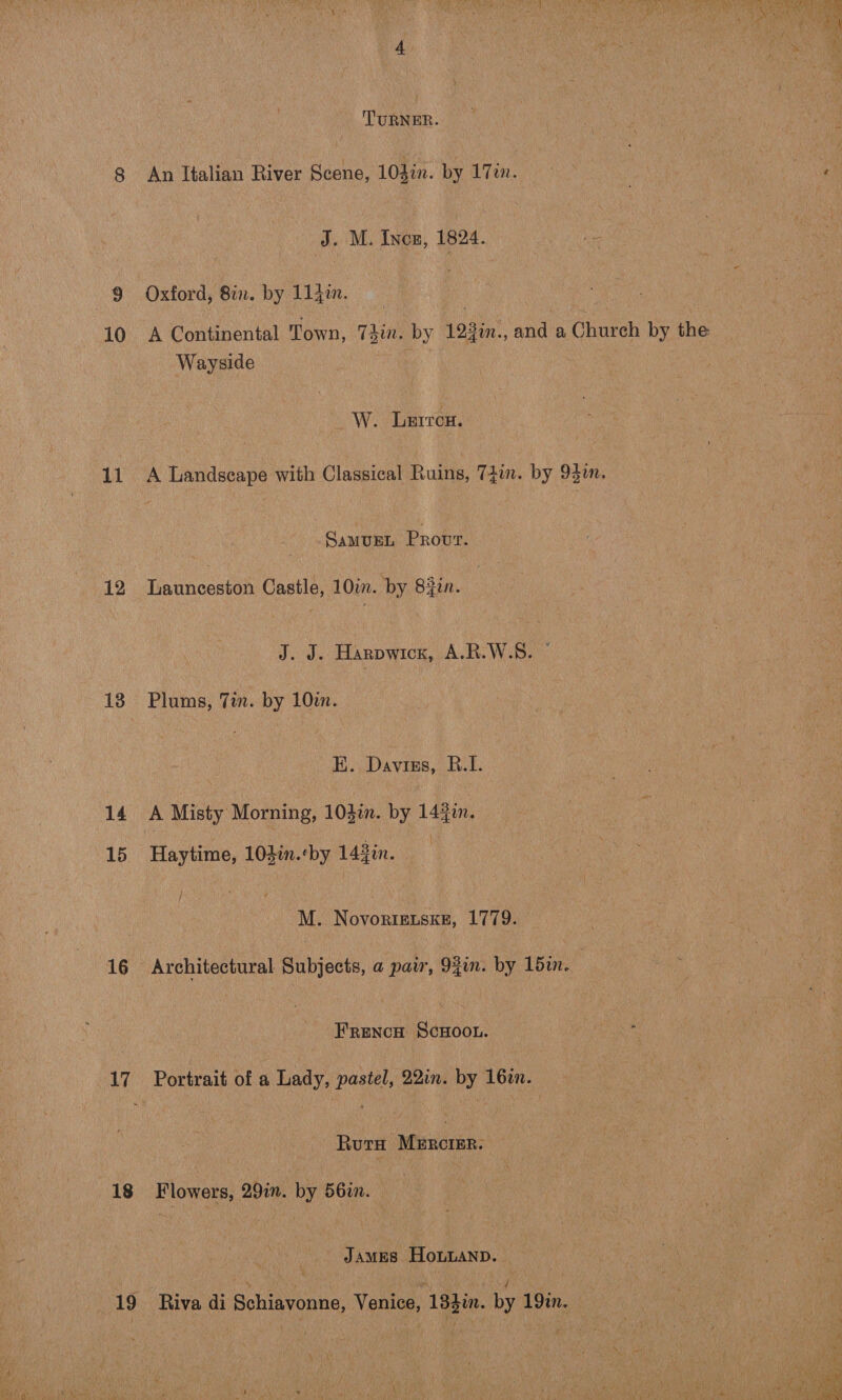10 14 15. 16 18 TURNER. J. M. Ines, 1824. Oxford, 8in. by 114m. | A Continental Town, Tain. by 123in., and a Church by the Wayside -W. Larrcn. SamvuEL PrRovr. J. J. Harpwick, A.R.W.S. © H.. Davies, Bu. A Misty Morning, 103i. by 144i. Haytime, 103in.‘by 142in. / -M. Novorteuske, 1779. Architectural. Subjects, a pair, 9fin. by 15in. FRENCH SCHOOL. Portrait of a Lady, pastel, 22in. by 16in. Ruta MeErcter: Flowers, 29in. by 561. - James Honuanp. Riva di Schiavonne, Venice, 182in. by 19in. 