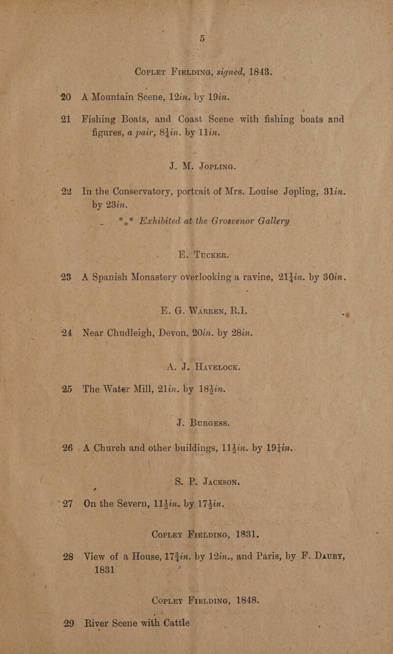 1 28 25 28 Copter FIELDING, ane 1843. A Mountain Scene, 12in. by 19in. figures, a pair, Shin. a 1lin. 3: oe In the Dione etary: portrait of Mrs. Louise J epiing: dlin. by 230. | a Exhibited at the Grosvenor Gallery : K. Tucxer. EK. G. Warren, R.1. Near Chudleigh, Devon, Qin. by 28in. A. J. Havenock. Bi Burauss. A Chureh and other buildings, 11din. ae 194i. . S. P. Jackson. we On the Severn, L14in. by 17hin. Corney abesh nines 1831, View of a eae 17 Jin. Phy 12in., Oe Late by F. Dausy, 1831 Corey Hontpwe: 1848.