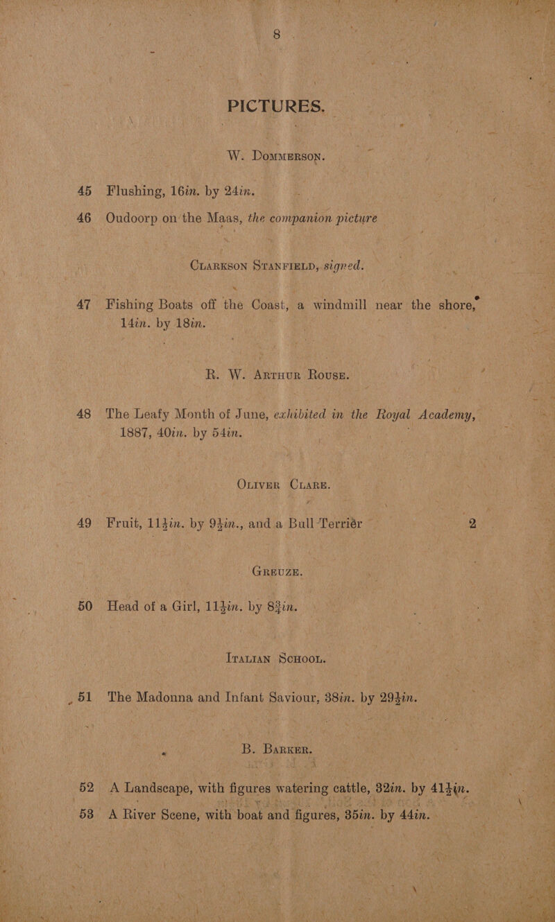  46 48 49 50 51 52, 53  ' PICTURES. “0m W. Dommerson. CLARKSON STANFIELD, signed. a I Fishing Boats off the Coast, a windmill near the. shore, l4din. by 18in. R. W. ARTHUR Rouse. ae The Leafy Month of June, exhibited in ‘the Royal aden! 1887, 4000. by 54tn. OLIVER CLARE. Fruit, 11gin. by 9din., and a Bull Terriér : PSE CRE GREUZE. Head of a Girl, 11}in. by 83in. TranIaN ScHOOL. The Madonna and Infant Saviour, 88in. by 294in. Y B. Barxer. : eS i 1 RES A Landscape, with figures watering cattle, 82in. by ALbie.  A River Scene, ¥ Ha boat and figares, 85. Heke:  