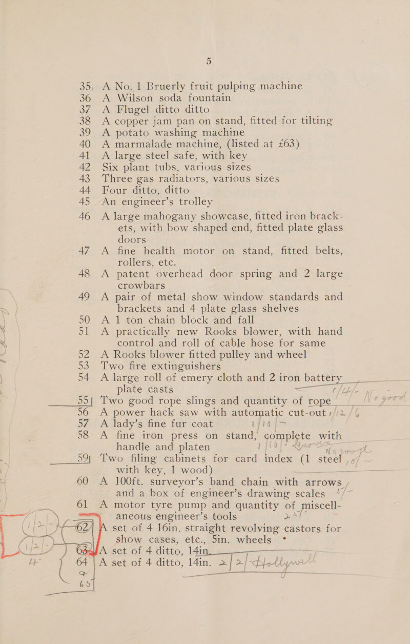 35; 41 60 i fs mS . P 3 Ly } 64°  o A No. 1 Bruerly fruit pulping machine A Wilson soda fountain A Flugel ditto ditto A copper jam pan on stand, fitted for tilting A potato washing machine A marmalade machine, (listed at £63) A large steel safe, with key Six plant tubs, various sizes Three gas radiators, various sizes Four ditto, ditto An engineer’s trolley A large mahogany showcase, fitted iron brack- ets, with bow shaped end, fitted plate glass doors fine health motor on stand, fitted belts, TOHeLs, etc. patent overhead door spring and 2 large crowbars pair of metal show window standards and brackets and 4 plate glass shelves 1 ton chain block and fall practically new Rooks blower, with hand control and roll of cable hose for same A Rooks blower fitted pulley and wheel Two fire extinguishers A large roll of emery cloth and 2 iron battery * eae Pree rt a oe Two good rope slings and quantity of rope _ A power hack saw with automatic cut-out #//2 A lady’s ine fur coat A fine iron press on ee “complete with handle and platen , with key, 1 wood) and a box of engineer’s drawing scales A motor tyre ‘pump and quantity Le feeds aneous engineer’s tools set of 4 16in. straight revolving See: for show cases, etc., 5in. wheels ° A set of 4 ditto, 14in. eS Bw, l. Po- Pe byw | as ae a eI EDI eee rg ee