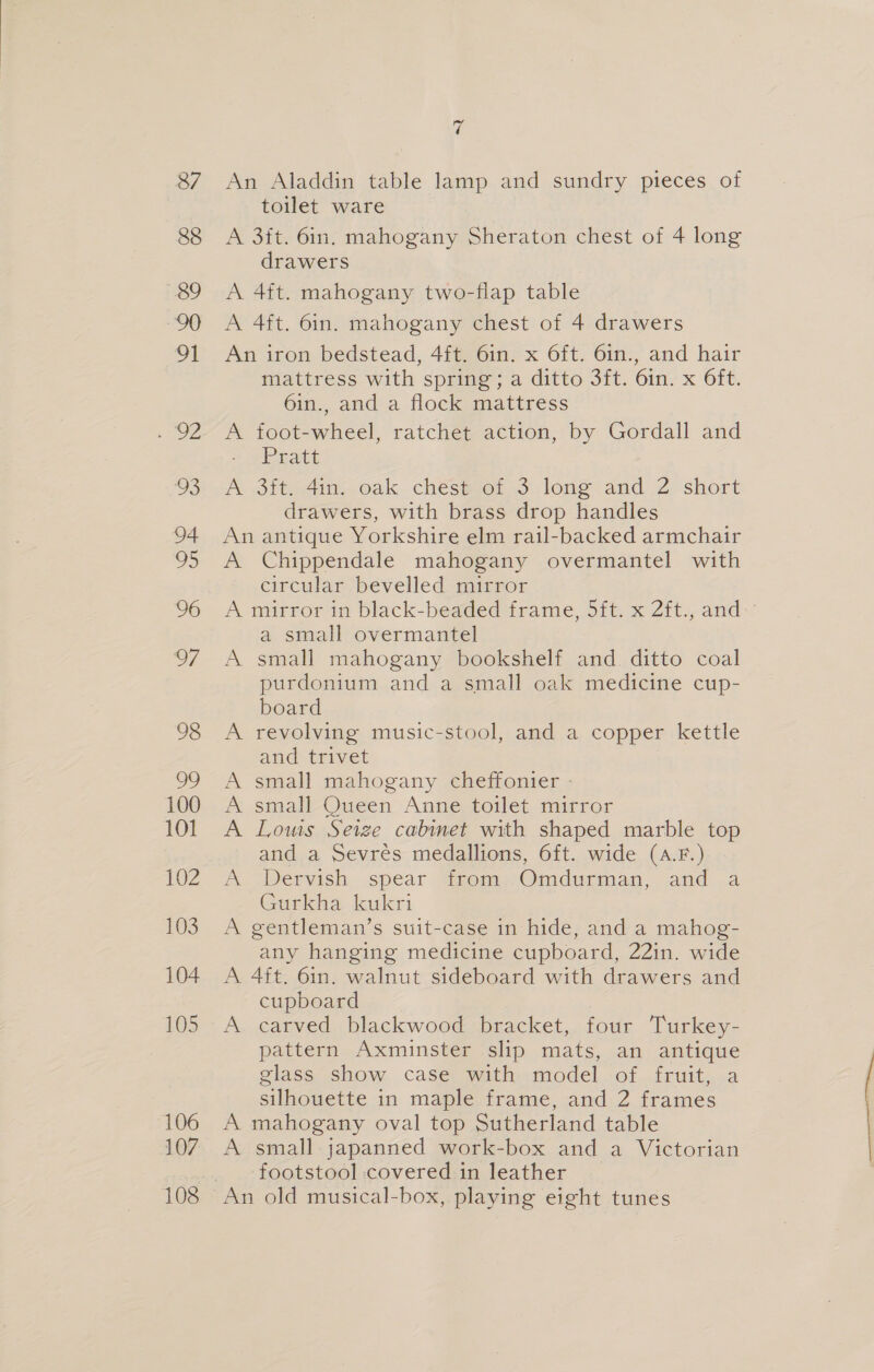 87 88 89 90 oF ei: we 94 95 97 98 w) 100 101 102 103 104 105 106 107 a An Aladdin table lamp and sundry pieces of toilet ware A 3ft. 6in. mahogany Sheraton chest of 4 long drawers A 4ft. mahogany two-flap table A 4ft. 6in. mahogany chest of 4 drawers An iron bedstead, 4ft. 6in. x Oft. 6in., and hair mattress with spring; a ditto 3ft. 6in. x Oft. 6in., and a flock mattress A foot-wheel, ratchet action, by Gordall and Paatt A otie4ing oak chés@rot 5 lone and 2 short drawers, with brass drop handles An antique Yorkshire elm rail-backed armchair A Chippendale mahogany overmantel with circular bevelled mirror A mirror in black-beaded frame, 5ft. x 2ft., and: a small overmantel A small mahogany bookshelf and. ditto coal purdonium and a small oak medicine cup- board A revolving music-stool, and a copper kettle and trivet | A small mahogany cheffonter - A small Queen Anne toilet mirror A Louis Seize cabinet with shaped marble top and a Sevres medallions, 6ft. wide (A.F.) A Dervish spear Henny Omdurman, anda Gurkha kukri A gentleman’s suit-case in hide, and a mahog- any hanging medicine cupboard, 22in. wide A 4ft. 6in. walnut sideboard with drawers and cupboard = .~ A. carved blackwood bracket, four Turkey- pattern Axminster slip mats, an antique glass show case with model of fruit, a silhouette in maple frame, and 2 frames A mahogany oval top Sutherland table A small japanned work-box and a Victorian footstool covered in leather An old musical-box, playing eight tunes 