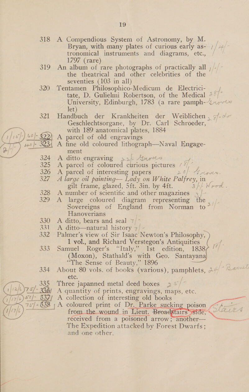 ne 318 A Compendious System of Astronomy, by M. Bryan, with many plates of curious early as- ; / tronomical instruments and diagrams, etc., 1797 (rare) 319 An album of rare photographs of practically all ; /- the theatrical and other celebrities of the seventies (103 in all) 320 ‘Tentamen Philosophico-Medicum de Electrici- _/ tate, D. Gulielmi Robertson, of the Medical °°/ University, Edinburgh, 1783 (a rare pamph- let) 321 Handbuch der Krankheiten der Weiblichen , ¢/-o% Geschlechtsorgane, by Dr. Carl Schroeder, | with 189 anatomical plates, 1884 A parcel of old engravings A fine old coloured lithograph—Naval Engage- ha @&lt;~ Yo  ment A ditto engraving 2): Auerce A parcel of coloured curious pictures / %/ fe | A parcel of interesting papers Lol “Lf cw A large oil pamting— Lady on White Palérey, 3 ae ae gilt frame, glazed, 5ft. 3in. by 4ft. ahh Word. } 328 A number of scientific and other magazines »/ 329 A large coloured diagram representing the Sovereigns of a from Norman to~ Hanoverians 330 A ditto, bears and seal &gt; 331 A ditto—natural Lae fF 332 Palmer’s view of Sir Isaac Newton’s Philosophy, 1 vol., and Richard Verstegon’s Antiquities f 333. -Samuel- Roger's “Italy Wst’ edition, - 18387 '7/ (Moxon), Stathald’s with Geo. Santayana “The Sense of Beauty,” 1896 == ae j 334. About 80 vols. of books (various), Epalets, a eae Etc: Cy 335 Three japanned metal deed boxes, 29 a ~ 336) A quantity of prints, engravings, maps, etc. &lt;/-) #%/- 832) A collection of interesting old books . _jA coloured print of Dr. Parke suckin poison LE p.— ; from the wound in Lieut. Broadgt ria hate received from a poisoned arrow ;“another— “~~ The Expedition attacked by Forest Dwarfs; and one other.   