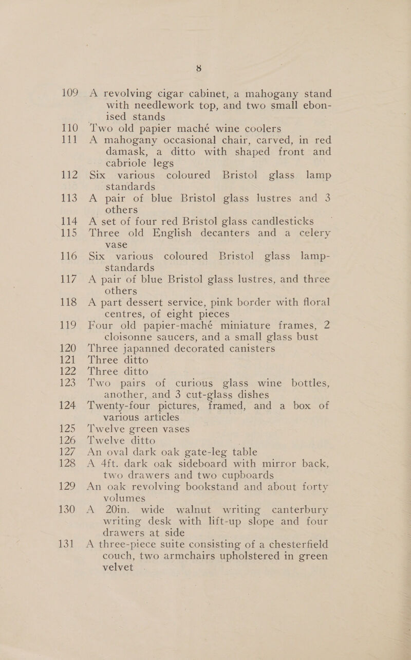 109 110 lu ii2 iis 114 115 116 Li7 118 119 120 P21 122 123 124 125 126 WA 128 120 130 131 3 A revolving cigar cabinet, a mahogany stand with needlework top, and two smail ebon- ised stands A mahogany occasional chair, carved, in red damask, a ditto with shaped front and cabriole legs Six various coloured Bristol glass lamp standards A pair of blue Bristol glass lustres and 3 others A set of four red Bristol glass candlesticks Three old English decanters: ‘and a celery vase = Six various coloured Bristol glass lamp- standards A pair of blue Bristol glass lustres, and three others A part dessert service, pink border with floral centres, of eight pieces Four old papier-maché miniature frames, 2 cloisonne saucers, and a small glass bust Three japanned decorated canisters Three: ditto Three ditto Two pairs of curious glass wine bottles, another, and 3 cut-glass dishes Twenty-four pictures, framed, and a box of various articles Twelve green vases Twelve ditto An oval dark oak gate-leg eae A 4ft. dark oak sideboard with mirror back, two drawers and two cupboards An oak revolving bookstand and about forty volumes A 20in. wide walnut writing. canterbury writing desk with lft-up slope and four drawers at side A three-piece suite consisting of a chesterfield couch, two armchairs upholstered in green velvet