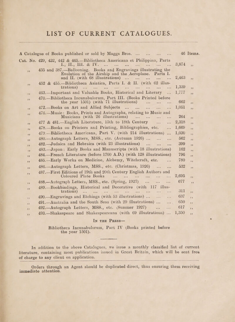 LIST OF CURRENT CATALOGUES.  A Catalogue of Books published or sold by Maggs Bros. ... ... ... 00... 46 Itema. Cat. No. 429, 432, — &amp; 465.—Bibliotheca Americana et Fiabe es Parts co OARS 2 ee! he 3,974 ,, 435 and x = onan Books and Rigeettian iii aianls the Evolution of the Airship and the. cage bee Parts I. and II. (with 68 illustrations) ... 25403 — 45 sf 452 &amp; 455.—Bibliotheca Asiatica, Parts l. &amp; UL. (w sag 62 othe trations)... 18008 45 Pe 463.—Important and Wiluabls Bee ‘Pheactical mee Hitaes aver anal Cie x 3 470.—Bibliotheca Incunabulorum, Part III. (Books Printed before the year 1501) (with 71 illustrations) soe 662 5; o 472.—Books on Art and Allied Subjects... .. Se a 476.—Music: Books, Prints and Autographs, rallies in Mueke ail Musicians (with 26 illustrations) sy 264 Ss, pe 477 &amp; 481.—English Literature, 15th to 18th Cents. i) ahs ee ay x 478.—Books on Printers and Printing, Bibliographies, etc. ee E669. 5 ,, 479.—Bibliotheca Americana, Part V. (with 214 illustrations) ..._ 1,030 __,, “3 480.—Autograph Letters, MSS., etc. (Autumn 1926)... 2... 0 ow. BOL -_ 3 482.—Judaica and Hebraica (with 23 illustrations) ... 399,  - 483.—Japan: Early Books and Manuscripts (with 18 igatratieen) 162: ;; 5 484.—French Literature (before 1700 A.D.) (with 128 illustrations) (i ae 4) 485.—Early Works on Medicine, Alchemy, Witchcraft, etc. a (io) re 6 486.—Autograph Letters, MSS., etc. (Christmas, 1926) ... ... 6532 ,, sh 487.—First Editions of 19th and 20th Ty eS Authors and Coloured Plate Books s 2,695 5 es 488.—Autograph Letters, MSS., etc. Gueind, 1927) ei eae GET 3 - 489.—Bookbindings, Historical and Decorative oe 117 illus- trations)... 4 Pp ee aL Lass, me 490.—Engravings and weedans Gane 53 Mine, a oe G5t 42 a 491.—Australia and the South Seas (with 29 ics eies) fee ee O50: - 492.—Autograph Letters, MSS., etc. “Summer 1927) cae Bae: Gly 4s 493.—Shakespeare and Shakespeareana (with 69 illustrations) ... 1,350 _,, In THE PRESS— Bibliotheca Incunabulorum, Part IV (Books printed before the year 1501). In addition to the above Catalogues, we issue a monthly classified list of current literature, containing most publications issued in Great Britain, which will be sent frea of charge to any client on application.   : Orders through an Agent should be duplicated direct, thus ensuring them receiving i immediate attention. 