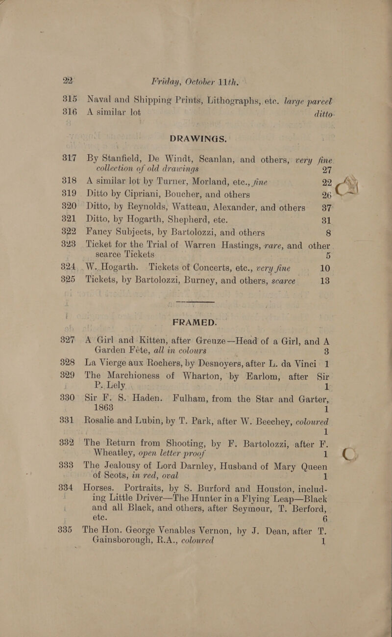 212, 315 335 Friday, October 11th. A similar lot ditto: DRAWINGS. | By Stanfield, De Windt, Seanlan, and others, very fine. collection of old drawings oF A similar lot by Turner, Morland, ete., jine 22 Ditto by Cipriani, Boucher, and others 26 ~ Ditto, by Reynolds, Watteau, Alexander, and others 87° Ditto, by Hogarth, Shepherd, ete. 31 Fancy Subjects, by Bartolozzi, and others 8 Ticket for the Trial of Warren Hastings, rare, and other _searce Tickets | 5 _W. Hogarth. Tickets of Concerts, ete., ver y fine . 10 Tickets, by Bartolozzi, Burney, and Cunt, scarce 13 FRAMED. A Girl and Kitten, after Greuze—Head of a Girl, and A Garden Féte, all in colours | 3 La Vierge aux Rochers, by Desnoyers, after L. da Vinci 1 Sir F. §. Haden. Fulham, from the Star and Garter, 1868 1 Rosalie- and Lubin, by T. Park, after W. Beechey, colour i The Return from Shooting, by F. Bartolozzi, after = Wheatley, open letter pr oof 1 The Jealousy of Lord Darnley, Husband of Mary Queen of Scots, in red, oval 1 Horses. Portraits, by 8. Burford and Houston, includ- ing Little Driver—The Hunter in-a Flying Leap—Black and all Black, and others, after Seymour, T. Berford, ete. : The Hon. George Venables Vernon, by J. Dean, after ‘ Gainsborough, R.A., coloured   