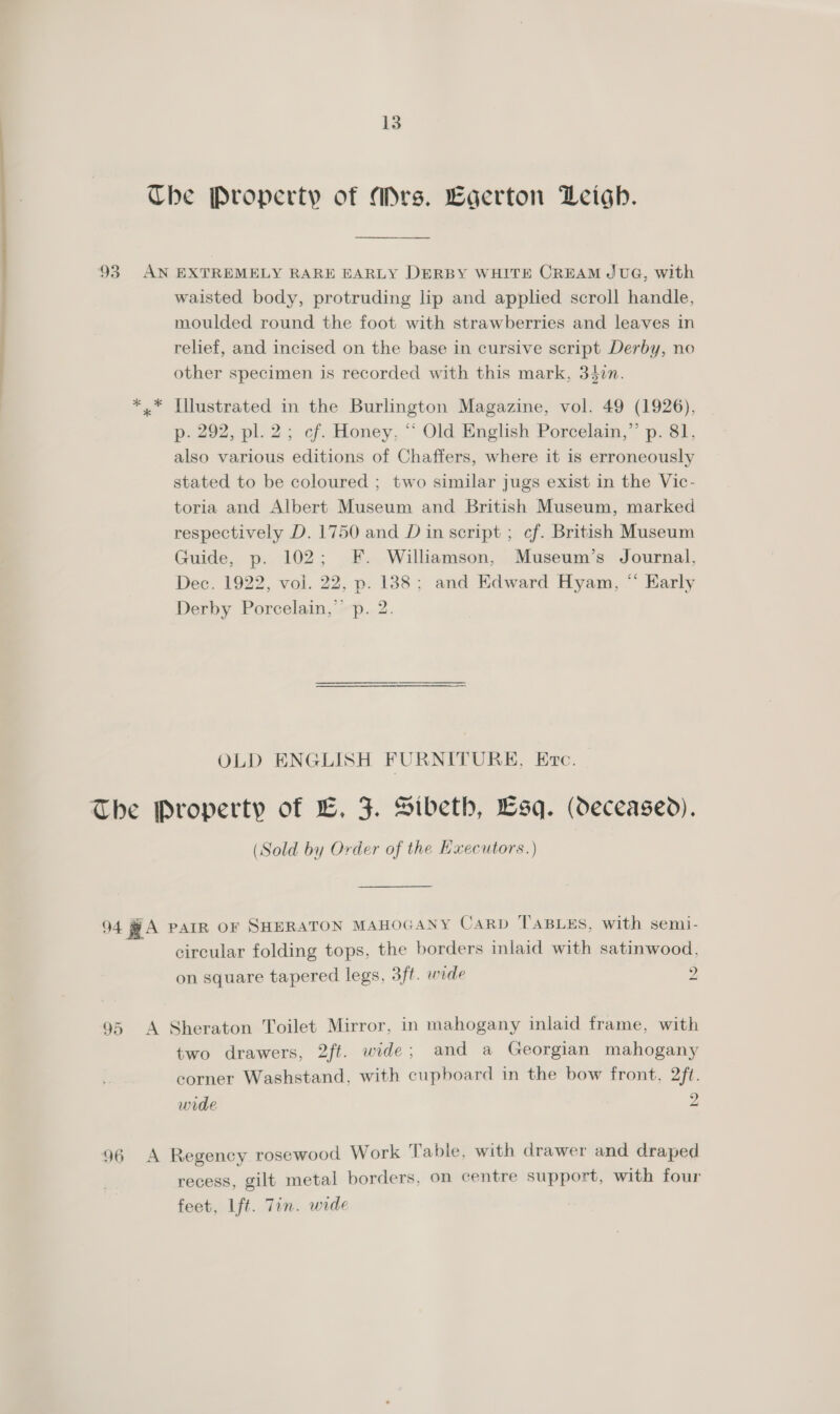 The Property of Mrs. Egerton Leigh. 93 AN EXTREMELY RARE EARLY DERBY WHITE CREAM JUG, with waisted body, protruding lip and applied scroll handle, moulded round the foot with strawberries and leaves in relief, and incised on the base in cursive script Derby, no other specimen is recorded with this mark, 340n. *.* Tllustrated in the Burlington Magazine, vol. 49 (1926), p. 292, pl. 2; of. Honey, “ Old English Porcelain,” p.SI. also various editions of Chaffers, where it is erroneously stated to be coloured ; two similar jugs exist in the Vic- toria and Albert Museum and British Museum, marked respectively D. 1750 and D in script ; cf. British Museum Guide, p. 102; F. Williamson, Museum’s Journal, Dec. 1922, voi. 22, p. 138; and Edward Hyam, “ Early Derby Porcelain,’ p. 2. OLD ENGLISH FURNITURE, Erc. The Property of E. F. Sibeth, sq. (deceased). (Sold by Order of the Executors.) 94 @A PAIR OF SHERATON MAHOGANY CaRD TABLES, with semi- circular folding tops, the borders inlaid with satinwood, on square tapered legs, 3ft. wide 2 95 A Sheraton Toilet Mirror, in mahogany inlaid frame, with two drawers, 2ff. wide ; and a Georgian mahogany eorner Washstand, with cupboard in the bow front, 2f¢. wide 9 96 A Regency rosewood Work Table, with drawer and draped recess, gilt metal borders, on centre support, with four feet, Ift. Tin. wide