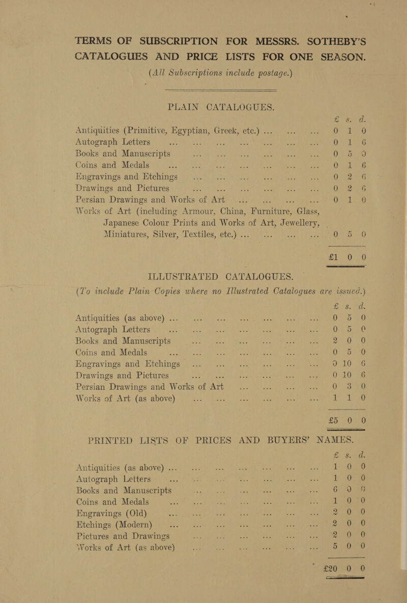 TERMS OF SUBSCRIPTION FOR MESSRS. SOTHEBY’S CATALOGUES AND PRICE LISTS FOR ONE SEASON. (All Subscriptions include postage.)   PLAIN CATALOGUES.  RE he Antiquities (Primitive, Egyptian, Greek, etc.) ... iis oa, Autograph Letters Oh DEG Books and Manuscripts Oe Coms and Medals BRN an ingravings and Itchings OG Drawings and Pictures hee Persian Drawings and Works of Art x Ue or Works of Art (including Armour, China, Buenas, ate Japanese Colour Prints and Works of Art, Jewellery, Miniatures, Silver, Ulextzles,tetejy iWon: ea be ence ese S10 ee ILLUSTRATED CATALOGUES. (To include Plain Copies where no Illustrated Catalogues are issucd.) fe 8.30 Antiquities (as above) . Pee MCAD hs at NS eR a ak ek Autograph Letters LMR DOOM sale ein 3 Oa ed Tow Sacch LANE BAS 8 Books and Manuscripts 2 0).0 Coins and Medals 0d Engravings and Ktchings Silc)3: tesa sek ats Cees lives ee SD Drawings and Pictures ce Pog UE Vig Gy nue mean) Ota Persian Drawings and Works of aS eae Works of Art (as above) 1 PRINTED LISTS OF PRICES AND BUYERS’ NAMES. Li SG Antiquities (as above) ... 1) Ose Autograph Letters I ae Books and Manuscripts Gi oie Coins and Medals Loe Engravings (Old) ane A Etchings (Modern) Pa Wb Pictures and Drawings a a3 Works of Art (as above) eats ; &amp;® a ee f=) So | | 