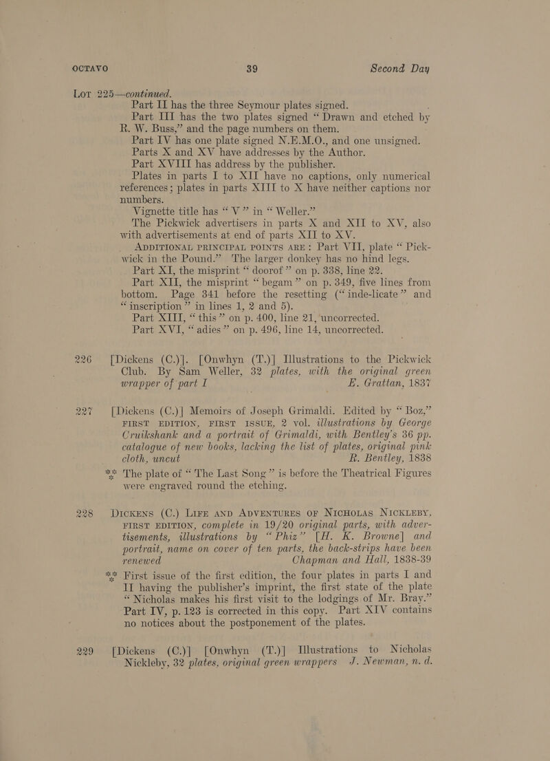 Lot 225—continued. Part II has the three Seymour plates signed. Part III has the two plates signed “ Drawn and etched by R. W. Buss,” and the page numbers on them. Part IV has one plate signed N.E.M.O., and one unsigned. Parts X and XV have addresses by the Author. Part XVIII has address by the publisher. Plates in parts I to XII have no captions, only numerical references ; plates in parts XIII to X have neither captions nor numbers. Vignette title has “ V ” in “ Weller.” The Pickwick advertisers in parts X and XII to XV, also with advertisements at end of parts XII to XV. _ ADDITIONAL PRINCIPAL POINTS ARE: Part VII, plate “ Pick- wick in the Pound.” 'The larger donkey has no hind legs. Part XI, the misprint “ doorof ” on p. 338, line 22. Part XII, the misprint “ begam ” on p. 349, five lines from bottom. Page 341 before the resetting (‘“inde-licate” and “inscription ” in lines 1, 2 and 5). Part XIII, “ this” on p. 400, line 21, uncorrected. Part XVI, “ adies ” on p. 496, line 14, uncorrected. 226 [Dickens (C.)]. [Onwhyn (T.)| Illustrations to the Pickwick Club. By Sam Weller, 32 plates, with the original green wrapper of part I Li. Grattan, 1837 227 [Dickens (C.)| Memoirs of Joseph Grimaldi. Edited by “ Boz,” FIRST EDITION, FIRST ISSUE, 2 vol. illustrations by George Crutkshank and a portrait of Grimaldi, with Bentley’s 36 pp. catalogue of new books, lacking the list of plates, original pink cloth, uncut R. Bentley, 1838 ** The plate of “ The Last Song” is before the Theatrical Figures were engraved round the etching. 228 Dickens (C.) Lire anp ADVENTURES OF NicHoLAsS NICKLEBY, FIRST EDITION, complete in 19/20 original parts, with adver- tisements, illustrations by “Phiz” [H. K. Browne] and portrait, name on cover of ten parts, the back-strips have been renewed Chapman and Hall, 1838-39 ** Hirst issue of the first edition, the four plates in parts I and II having the publisher’s imprint, the first state of the plate “ Nicholas makes his first visit to the lodgings of Mr. Bray.” Part IV, p. 123 is corrected in this copy. Part AIV contains no notices about the postponement of the plates. 229 [Dickens (C.)] [Onwhyn (T.)] Illustrations to Nicholas Nickleby, 32 plates, original green wrappers J. Newman, n. d.