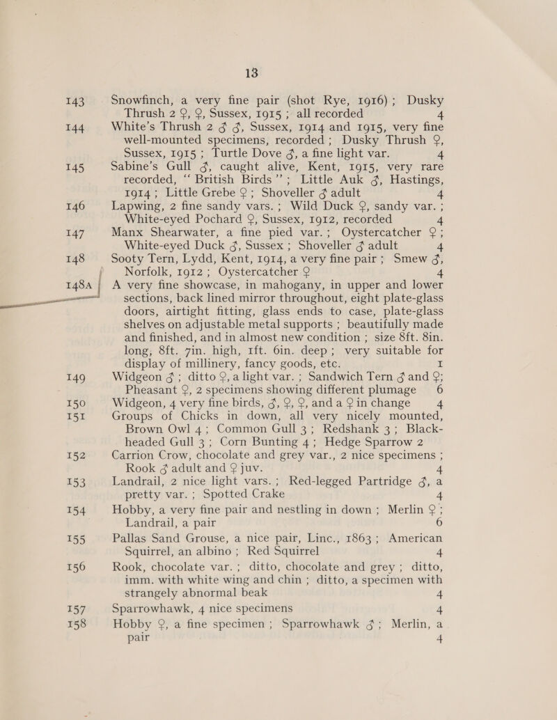 143 144 156 157 158 13 Snowfinch, a very fine pair (shot Rye, 1916); Dusky Thrush 2 9, 9, Sussex, 1915 ; all recorded 4 White’s Thrush 2 ¢ g, Sussex, 1914 and 1915, very fine well-mounted specimens, recorded; Dusky Thrush 9, Sussex, 1915 ; Turtle Dove 4, a fine light var. 4 Sabine 's Gull ¢,’ caught ‘alive ~Kent)1015,- very rare recorded, “ British Birds’’; Little Auk 3g, Hastings, 1914; Little Grebe 2; Shoveller 3 adult 4 Lapwing, 2 fine sandy vars. ; Wild Duck 9, sandy var. ; White-eyed Pochard 9, Sussex, 1912, recorded Manx Shearwater, a fine pied var.; Oystercatcher 9 ; White-eyed Duck ¢, Sussex ; Shoveller 3 adult 4 Sooty Tern, Lydd, Kent, 1914, a very fine pair; Smew 4, Norfolk, 1912 ; Oystercatcher 9 A very fine showcase, in mahogany, in upper and lower sections, back lined mirror throughout, eight plate-glass doors, airtight fitting, glass ends to case, plate-glass shelves on adjustable metal supports ; beautifully made and finished, and in almost new condition ; size &amp;ft. 8in. long, 8ft. 7in. high, 1ft. 6in. deep; very suitable for display of millinery, fancy goods, etc. a Widgeon ¢; ditto 9,a light var. ; Sandwich Tern g and 9; Pheasant 9, 2 specimens showing different plumage 6 Widgeon, 4 very fine birds, 3, 2, 9, and a 9 in change 4 Groups of Chicks in down, all very nicely mounted, Brown Owl 4; Common Gull 3; Redshank 3; Black- headed Gull 3; Corn Bunting 4; Hedge Sparrow 2 Carrion Crow, chocolate and grey var., 2 nice specimens ; Rook ¢ adult and @ juv. 4 Landrail, 2 nice ight vars.; Red-legged Partridge g, a pretty var. ; Spotted Crake 4 Hobby, a very fine pair and nestling in down; Merlin Q ; Landrail, a pair 6 Pallas Sand Grouse, a nice pair, Linc., 1863 ; American Squirrel, an albino ; Red Squirrel 4 Rook, chocolate var.; ditto, chocolate and grey ; ditto, imm. with white wing and chin ; ditto, a specimen with strangely abnormal beak 4 Sparrowhawk, 4 nice specimens 4 Hobby 9, a fine specimen ; Sparrowhawk ¢; Merlin, a