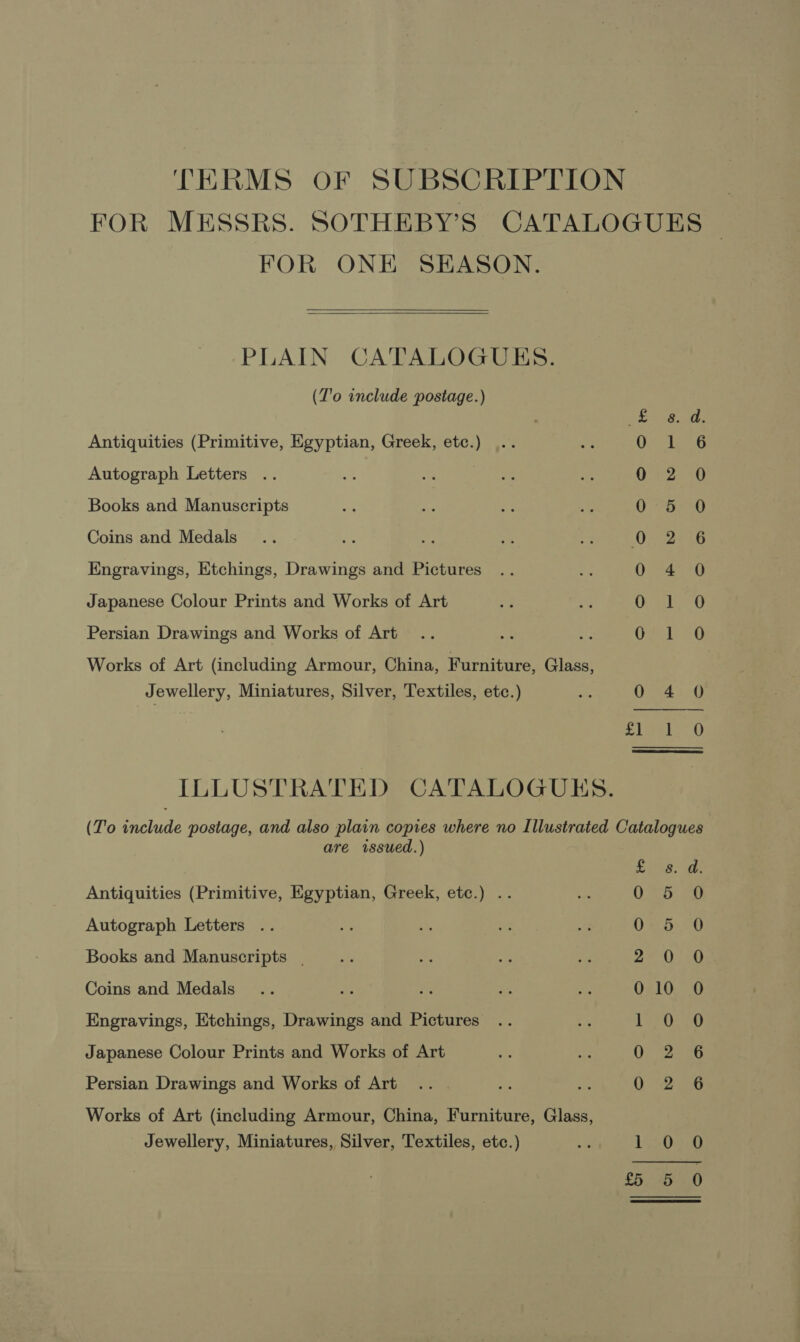 TERMS OF SUBSCRIPTION FOR MESSRS. SOTHEBY’S CATALOGUES FOR ONE SEASON.   PLAIN CATALOGUES. (Z'o include postage.) Er s00! Antiquities (Primitive, Egyptian, Greek, etc.) | Ud ha Autograph Letters .. 0°62. 40 Books and Manuscripts Os Coins and Medals 0 2256 Engravings, Etchings, Drawings and Pictures 0 4 0 Japanese Colour Prints and Works of Art ed Persian Drawings and Works of Art od? 4) Works of Art (including Armour, China, Furniture, Glass, Jewellery, Miniatures, Silver, Textiles, etc.) 0 4 0 Lee. |S ILLUSTRATED CATALOGUES. (T'o include postage, and also plain copies where no Illustrated Catalogues are issued.) waas. ah Antiquities (Primitive, Egyptian, Greek, etc.) .. 5 Autograph Letters .. 5 Books and Manuscripts, 0 Coins and Medals Engravings, Etchings, Drawings and Pictures Japanese Colour Prints and Works of Art ee Tey aye) are = — bo bo So ery “TepW ges (eel lesen fe, Persian Drawings and Works of Art Works of Art (including Armour, China, Furniture, Glass,