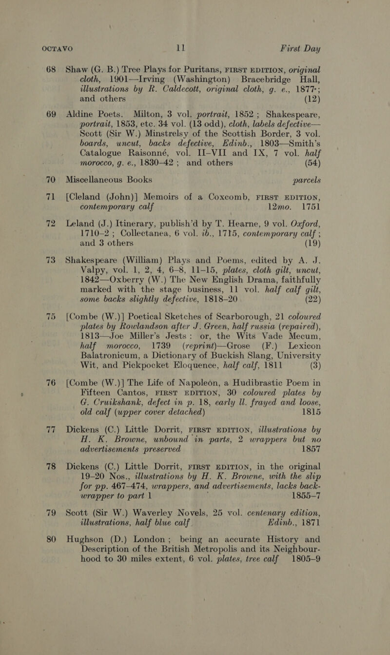 68 69 70 re 73 76 vit, 78 80 Shaw (G. B.) Tree Plays for Puritans, FIRST EDITION, original cloth, 1901—Irving (Washington) Bracebridge Hall, ilustrations by R. Caldecott, original cloth, g. e., 1877; and others (12) Aldine Poets. Milton, 3 vol. portrait, 1852; Shakespeare, portrait, 1853, etc. 34 vol. (13 odd), cloth, labels defective— Scott (Sir W.) Minstrelsy of the Scottish Border, 3 vol. boards, uncut, backs defective, Hdinb., 1803—Smith’s Catalogue Raisonné, vol. II-VII and IX, 7 vol. half morocco, g. é., 1830-42 ; and others (54) Miscellaneous Books parcels [Cleland (John)] Memoirs of a Coxcomb, FIRST EDITION, contemporary calf 12mo. 1751 Leland tH, ) Itinerary, publish’d by T. Hearne, 9 vol. Oxford, 1710-2 ; Collectanea, 6 vol. ib., 1715, contemporary calf ; and 3 ine (19) Shakespeare (William) Plays and Poems, edited by A. J. Valpy, vol. 1, 2, 4, 6-8, 11-15, plates, cloth gilt, uncut, 1842—Oxberry (W.) The New English Drama, faithfully marked with the stage business, 11 vol. half calf gilt, some backs slightly defective, 1818-20 (22) plates by Rowlandson after J. Green, half russia (repaired), 1813—Joe Miller’s Jests: or, the Wits Vade Mecum, half morocco, 1739 (reprint)—Grose (F.) Lexicon Balatronicum, a Dictionary of Buckish Slang, University Wit, and Pickpocket Eloquence, half calf, 1811 (3) [Combe (W.)]| The Life of Napoleon, a Hudibrastic Poem in Fifteen Cantos, FIRST EDITION, 30 coloured plates by G. Cruikshank, defect im p. 18, early ll. frayed and loose, old calf (upper cover detached) 1815 eae (C.) Little Dorrit, FIRST EDITION, illustrations by H. K. Browne, unbound in parts, 2 wrappers but no advertisements preserved 1857 Dickens (C.) Little Dorrit, FIRST EDITION, in the original 19-20 Nos., illustrations by H. K. Browne, with the slip for pp. 467-474, wrappers, and advertisements, lacks back- wrapper to part 1 1855-7 Scott (Sir W.) Waverley Novels, 25 vol. centenary edition, illustrations, half blue calf Edinb., 1871 Hughson (D.) London; being an accurate History and Description of the British Metropolis and its Neighbour-