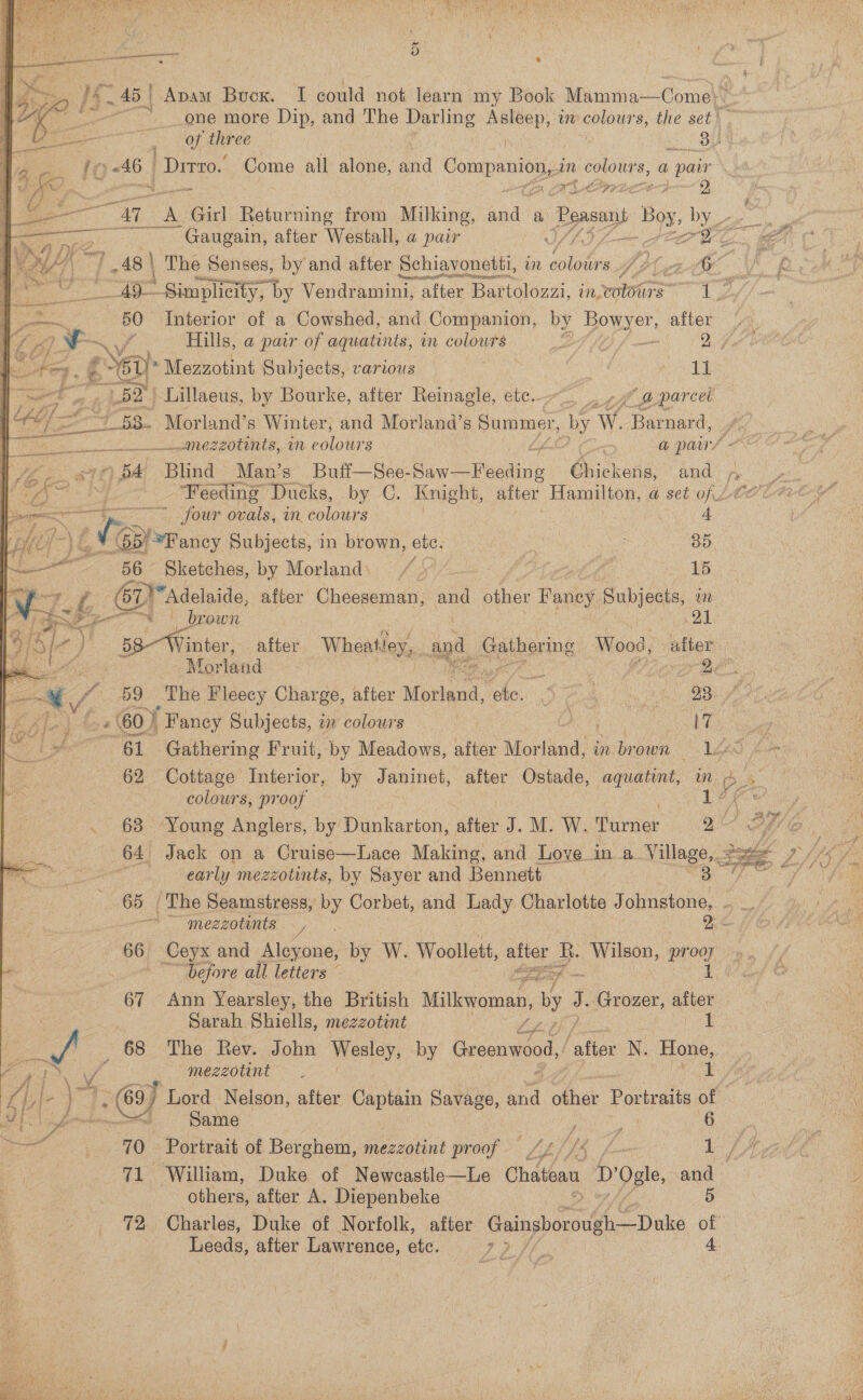 “i ampicne . D nr mas * ae f 45 | Avaw Buck. I could not learn my Book Mamma—Come\. ~ one more Dip, and The Darling AEE, um COrOUt the set’      Mop alive | | 3) I ‘10-46 | ‘Dirro.’ Come all alone, id Companion an colours, a pair : ~ reo gt PP? OW oe a 9, > a “AT “ae Girl Returning from Milking, ind a Peasant POS: by es o Ne ~- Gaugain, after Westall, a pair — ae LP EL. er nae 7; .48\ The Senses, by and after Schiavonetti, in ee (GEA VP RMT 49 Simplicity, by Vendramini, after Bartolozzi, in. wT LZ// | on Interior of a Cowshed, and Companion, by Bowyer, after 9, J Hills, a pair of aquatints, in colowrs ey, yy oe es : Ya Mezzotint Subjects, various oe west ) =r, 5D | Lillaeus, by Bourke, after Reinagle, ett. of “a parcel id [Zs Morland’s Winter, and Morland’s Summer, ay W. Barnard, eee as meozot ite, wn eolowrs ey POUT, » 54 Blind Man’s Bufi—See- Ban reat: Ghickuae and py pc i Feeding Duéks, by C. Knight, after Hamilton, @ set of LeOU-42+ four ovals, in. colowrs 4 ié* e.. Subjects, in brown, etc. ue B5. 56 Sketches, by Morland, / | e oy Be. e 6 Adelaide, after Cheeseman, and other Haney Bunce in pe mY pot Own | 21 a -58-Winter, after Wheatley, - and, Gathering Wood BAGO 5a ae Or ge Morland ie: a ce ae tf 59 The Fleecy Charge, after Moriged fhe 3 aL he A OBA : Ef io) bn +60) Fancy Subjects, in colow's | oa. | Pores if OS aealh 61 Gathering Fruit, by Meadows, after Morland, in brown Ul a 62 Cottage Interior, by Janinet, after Ostade, aquatint, in os Me | colours, proof Bs ae. ; . 638 Young Anglers, by Dunkarton, ane J. M. W. Tumer vas 7 o io) bs 64 Jack on a Cruise—Lace Making, and Love. ae a! Village, .3 PAP feats ¢ . early mezzotints, by Sayer and Bennett (Bas fenls | 65 /The Seamstress, by Corbet, and hay Charlotte Johnstone, iON ay . ——* meszounts./ 2 eur | 66 Ceyx and Alcyone, by W. Woollett, after pee ‘Wilson, prooy a Si - — “before all letters vas mp i LO hof © : 67 Ann Yearsley, the British Mitkecinan, by A Grozer, after | Sn, Sarah Shiells, mezzotint LA san ae ee 68 The Rev. John Wesley, by Greenwood, ‘after N. Hone, : . ae SON oe mezzotint oes | Z aie } ~.@) )) ‘Lord Nelson, after Captain Ga ak aa other Portraits of ( El) ale Same ene 6 eo — 70 Portrait of Berghem, eis! proof / Tb ly 2 lL LA 71 William, Duke of Newcastle—Le Chatean D Ogle ae 7 ye others, after A. Diepenbeke Be he ty Te Charles, Duke of Norfolk, after Gainsborough—Duke a Leeds, after Lawrence, etc. aa  
