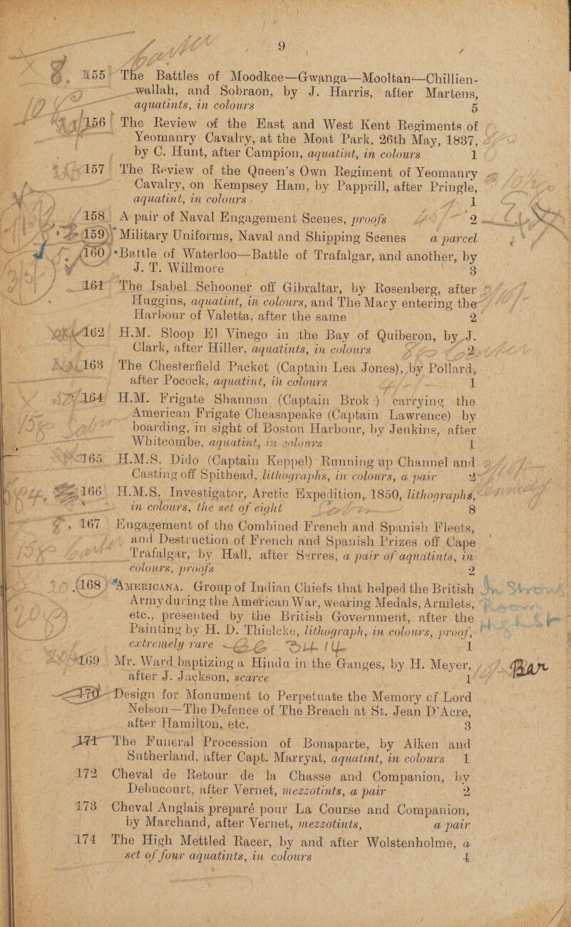 &gt; ° r - ) P y : ed i oe dea 9 f sar oof Ee Ge ¢ 2 4 J }  ach Uh The “Battles of Moodkee—Gwanga—Mooltan—Chillien- =~ __-wallah, and Sobraon, by J. Harris, after Martens, F, fi £ €i7 ro) XS a 4 6 CS aquatints, in colours 5 4 7 A . a ig aut F vied he Yeomanry Cavalry, at the Moat Park, 26th May, 1837,   id Ae gy } ov, SS) \y * Military Uniforms, Naval and Shipping Scenes a parcel 7) Battle of Waterloo—Battle of Trafalgar, and another, by oe de hs Willmore, 3 46t The a Schooner off Gibraltar, by Rosenberg, after  GR162 _H.M. Sloop El Vinego in the Bay of eas by, Ne As 5,168 The Chesterfield Packet (Captain Lea Tones), i Ppards eet Tae aiter Pocock, aquatint, tir colours: 1 A ail SFjase H.M. Frigate Shannon (Captain Bros carrying ca Jk Ji boar ding,’ in sight of Boston Harbour, } by Jenkins, after 2 re as Whitcombe, agquatint, an colours 1 165 Hi.M-S. Dido (Captain Keppel)’ Running g ap Channel and eX 2: in colours, thee sat of eight ON a 8 ; 467 Engagement of the Combined French aa “Spaniel Meets, ~ colours, proofs | oe * (468) “Auuricana. Group of Indian Chiets that helped the British — eee Army during the American War, wearing Medals, Arnilets, Painting by H. D. Thielcke, lithograph, in colours, proof, % ext) onely rare —Z. ie . rayne (Yo 1 169. Mr. Ward baptizing a Hinda in the Ganges, by H. 1. Mey er, after J. Jackson, scarce L Nelson— The Defence of The pees at St. Jean D’ Acne, alter Hamilton, ete. 3 A#t- The Funeral Procession of Bonen by Alken and Sutherland, after Capt. Marryat, aquatint, in colours 1 172 Cheval de Retour de Ja Chasse and Companion, by Debucourt, alter Vernet, mezzotints, a pair 2 173 Cheval Anglais preparé pour La Course and Companion, by Marchand, after Vernet, mezzotints, — a pair 374 The High Mettled Racer, by and after Wolstenholme, a set of four aquatints, ti colours ies zs te  : ei _ by C. Hunt, after Campion, aquatint, in colours a 7 ‘#157 The Review of the Queen's Own Regiment of Yeomanry . eu Cavalry, on Kempsey Ham, by Papprill, after Pringle, aquatint, in colours. | - ak (158. A pair of Naval Wiccimen! Seenes, proofs o/s 2      