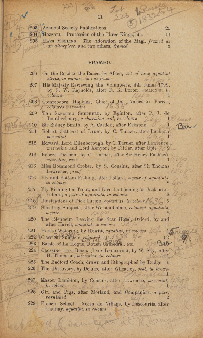                      orn, Te 2, 03) \‘Arunded Society Publications 4 25 a 204) Gozzoxs, Procession of the Three Kings” ae 1) _ Hans Memttne. The Adoration of the Magi, framed as an altarpiece, and two others, framed 3 FRAMED. \ 206 Pon the Road to the Races, by Alken, seé of nine sauatint str (ps, in colours, in one frame 1 S07 His Majesty Reviewing the Volunteers, Ath Oe, Az99, ,. by.8.- W. Reynolds, after R. K. Porter, aap in  tf -. ¢coloure vie ce : AA. 608 } Commodore Hopkins, Chief of . the. hpaebebon Forces, oe — ve “coloured mezzotint — di 25:5 | oes ; 209 Tun Sueepine SHEPHERD, by Eginton, after id J. Gee : ae Loutherbourg, @ charming oval, in colours © ¢ eo 1 YS) Peted e210: -Sir Sidney Smith, by A. Cardon; after Eckstein iy ; ny Tg a Robert Catheart of Drum, by . Turner, after Bashom ae ! mezzotint dS aie ae es ke te Fidward, Lord Ellenborough, by 6. Turner, after Lawrence,, ; a are scat mezzotint, and Lord Kenyon; by Fittler, after Opie 7 ae. Ai aes Robert Dickson, by C. Turner, after Sit Henry Raced. Sd : mezzotint, rare hee Psd o - Miss Rosamond Croker, o 8. Cousins, after Sir Thomas ete - Lawrence, proof — : Ree a ig Oia Se j ‘Fly and Bottom Fishing, after Pollard, a pair of aquatints, ; ‘ in colours 2 GO ie 27 oy Fishing for Trout, ae Live Bait fishmg fr Jack, after oe oi Pollard, a pair of aquatints, in colours Le fa ee (ais) ‘Tilustrations of Dick Turpin, aquatints, in colour He ee 5 hs 219 ‘Shooting ‘Subjects, after ee ee coloured shai &gt; arpairs\ L bebe Bas Se] a 220 The Blenheim Leaving “the Star Hotel, oxtora by basis ein after Havell, aquatint, in colours 3D iy Ep ene 921 Horses Watepi ng, by Howitt, aquatint, ay cups Lorie - . (222) Plast ey ee a   He ncaa eet ae 7 ae ee oueh Oh 195, dee ae Mm Rwy Le A ont aene tHE Brook (Lapy Leicester), by W. Say, after, = 'E. Thomson, mezzotint, in colours bees     are The Bedford Coach, drawn and lithographed by Dade 1 ee: 8h The Discovery, by. Delatre, after Seay. @ oval, in Bi iaey we : ole ; kag wo ae Pie pe 4 Seat (i wei o eet Ng a, Master asic by Coveine, ator Lawrence, ‘mezzotint, pis fe Si Sober we rs aan colour. ot use eo f Be rl ae begat, LA \ i 988 Girl and Pigs, air Norland haa C Companion, a pat, Sn Ce . 6 varnished ©. ‘e PAD Net adn, #- 299 French School. Noces de Viltaie: by Descour, aftor Pi GR ty Taunay, eae, in colowrs — ag re EN eg , fl - nt | : A i, ty ; i 